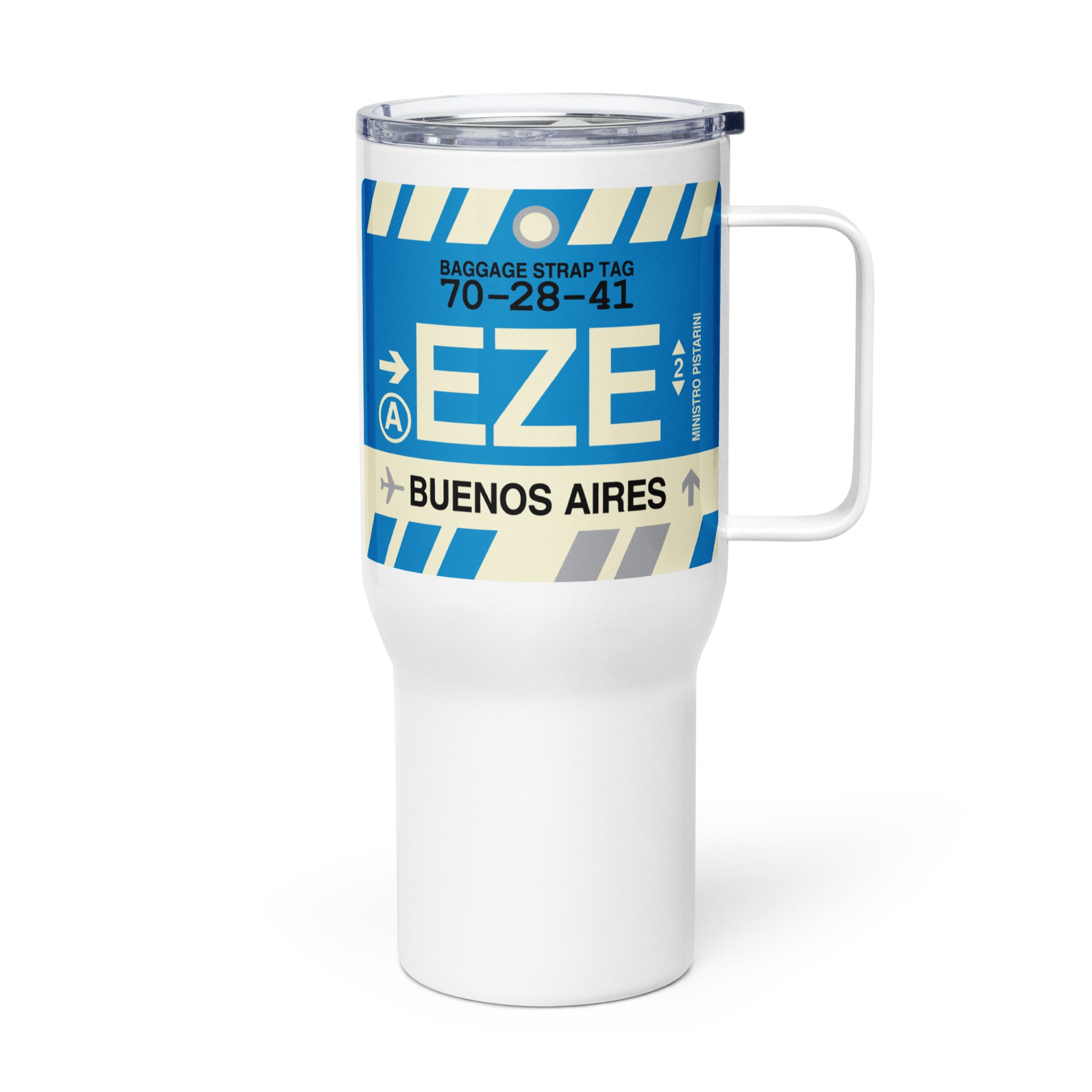 EZE Buenos Aires Travel Mug • Jet Age Baggage Tag Design • YHM Designs - Image 01