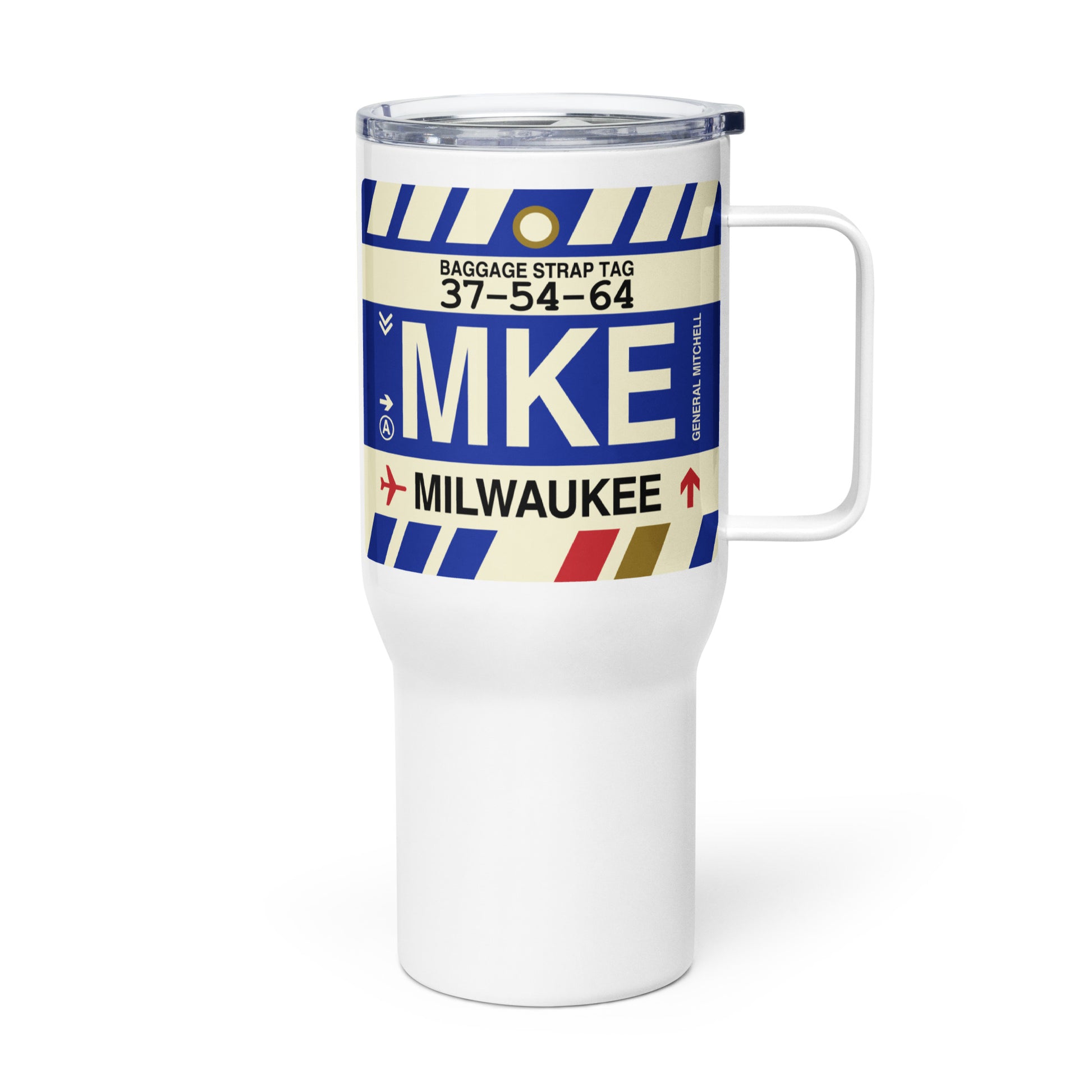 MKE Milwaukee Travel Mug • Jet Age Baggage Tag Design • YHM Designs - Image 01