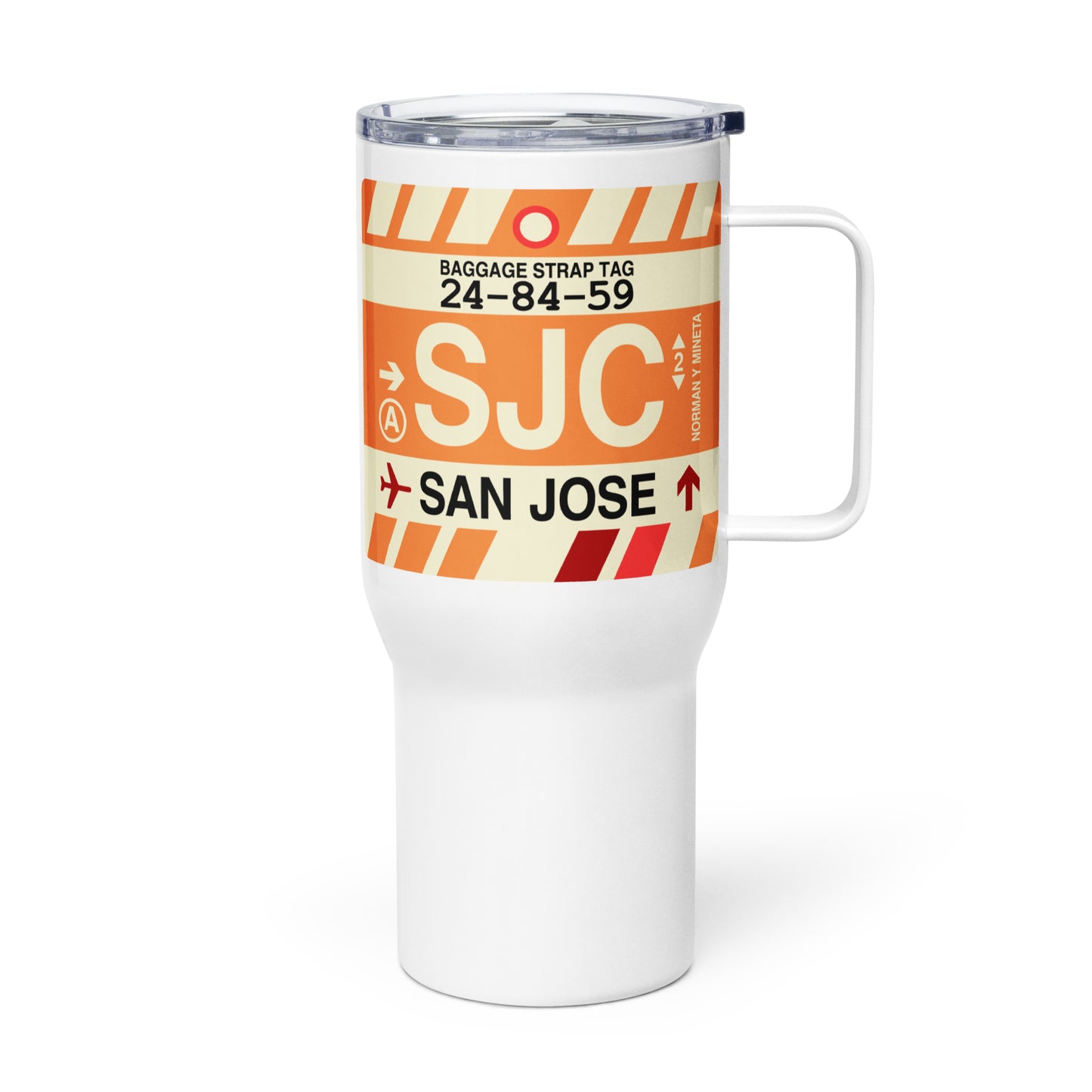SJC San Jose Travel Mug • Jet Age Baggage Tag Design • YHM Designs - Image 01