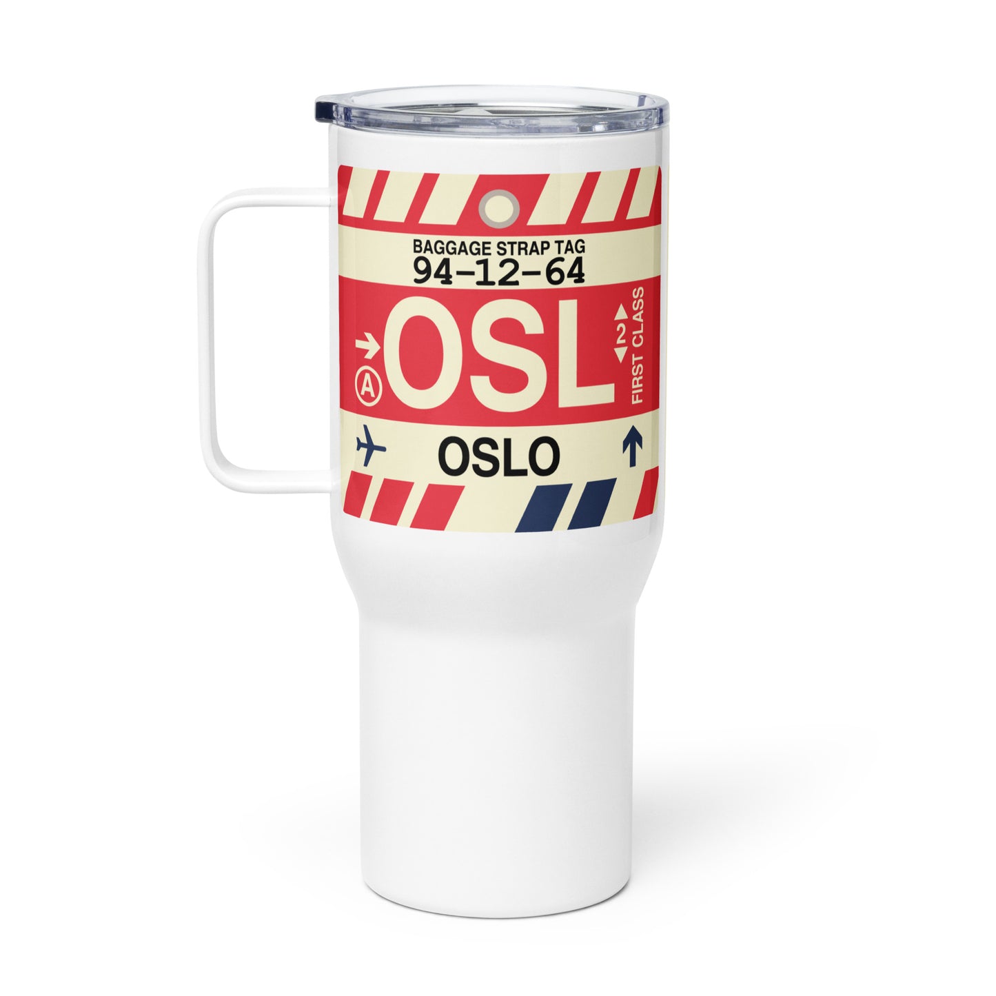 OSL Oslo Travel Mug • Jet Age Baggage Tag Design • YHM Designs - Image 03