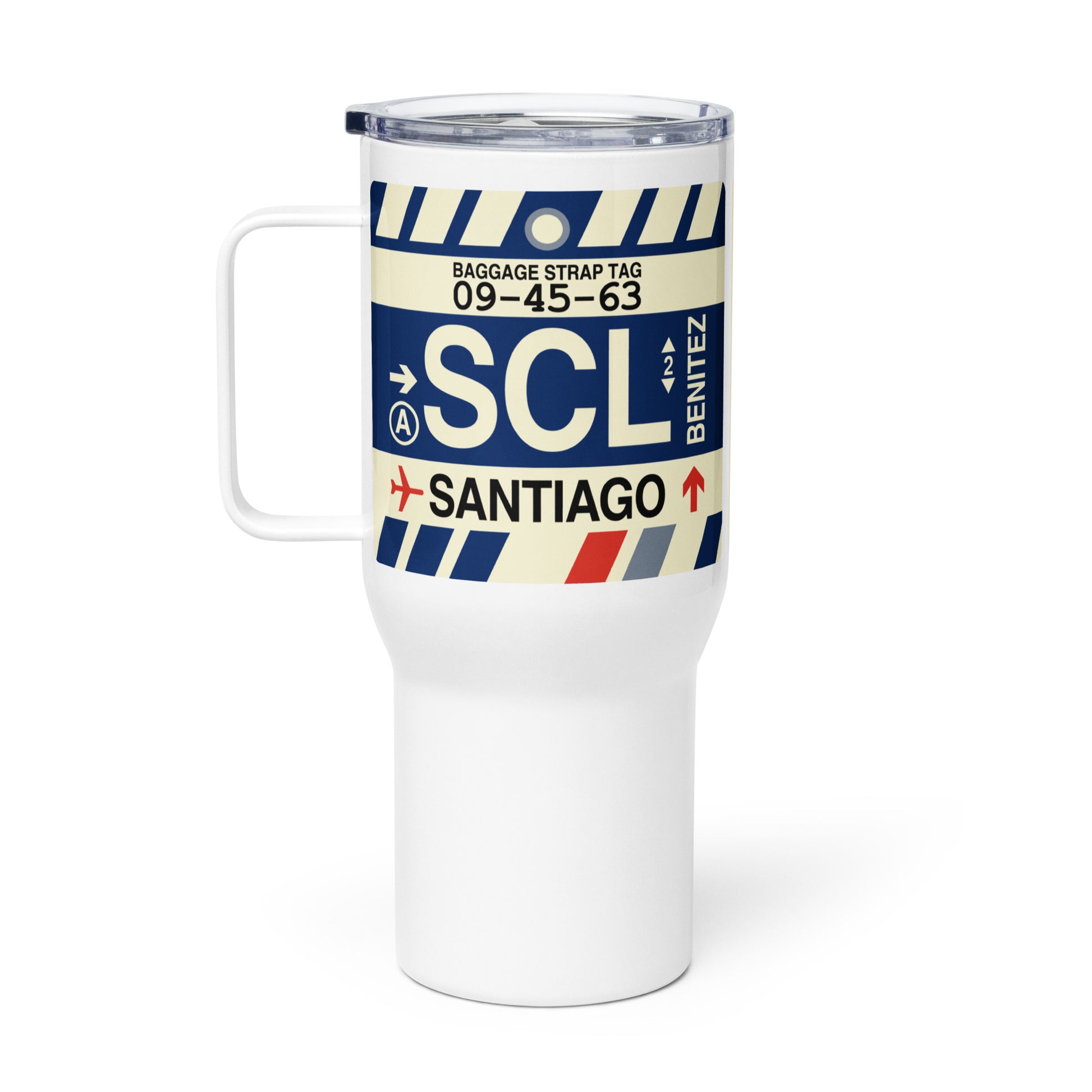 SCL Santiago Travel Mug • Jet Age Baggage Tag Design • YHM Designs - Image 03