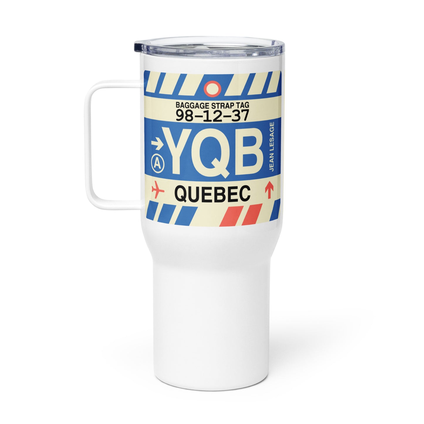 YQB Quebec City Travel Mug • Jet Age Baggage Tag Design • YHM Designs - Image 03