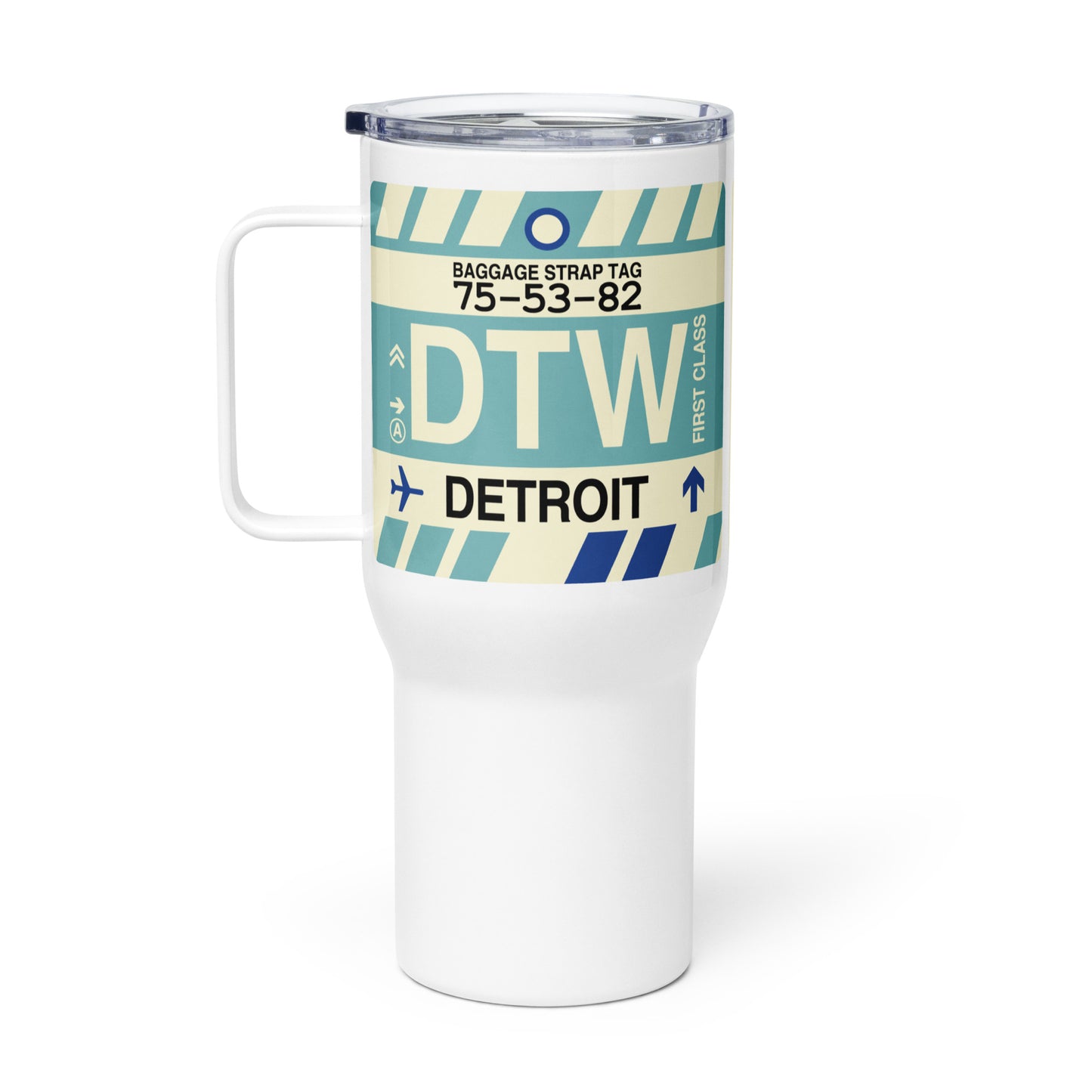 DTW Detroit Travel Mug • Jet Age Baggage Tag Design • YHM Designs - Image 03
