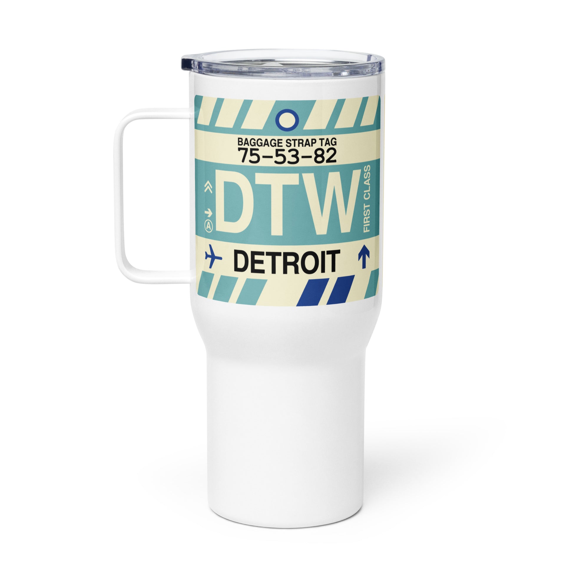 DTW Detroit Travel Mug • Jet Age Baggage Tag Design • YHM Designs - Image 03
