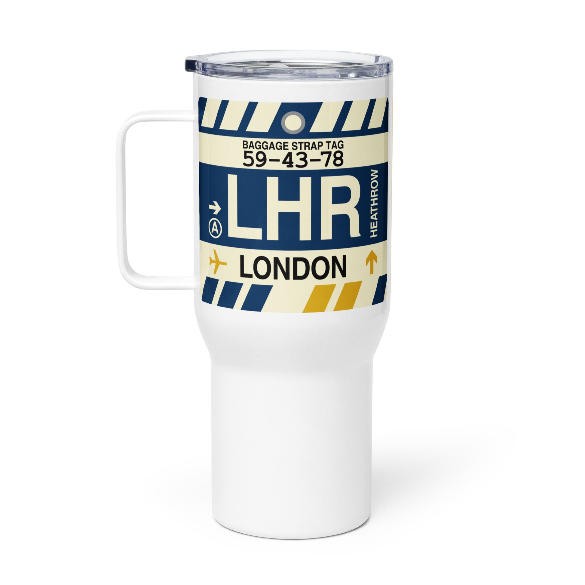 LHR London Travel Mug • Jet Age Baggage Tag Design • YHM Designs - Image 03