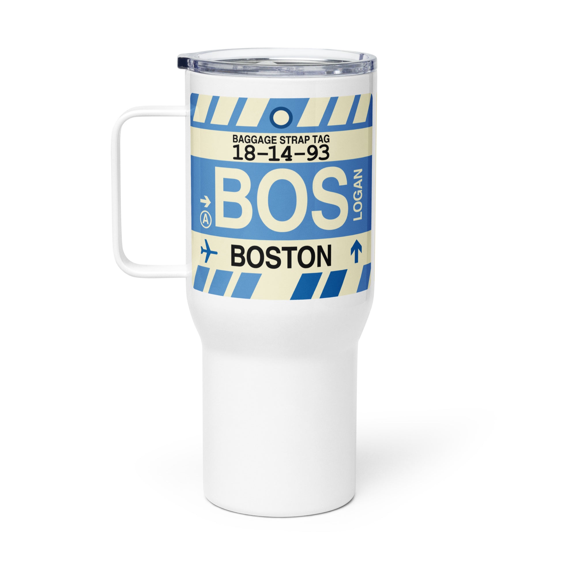 BOS Boston Travel Mug • Jet Age Baggage Tag Design • YHM Designs - Image 03