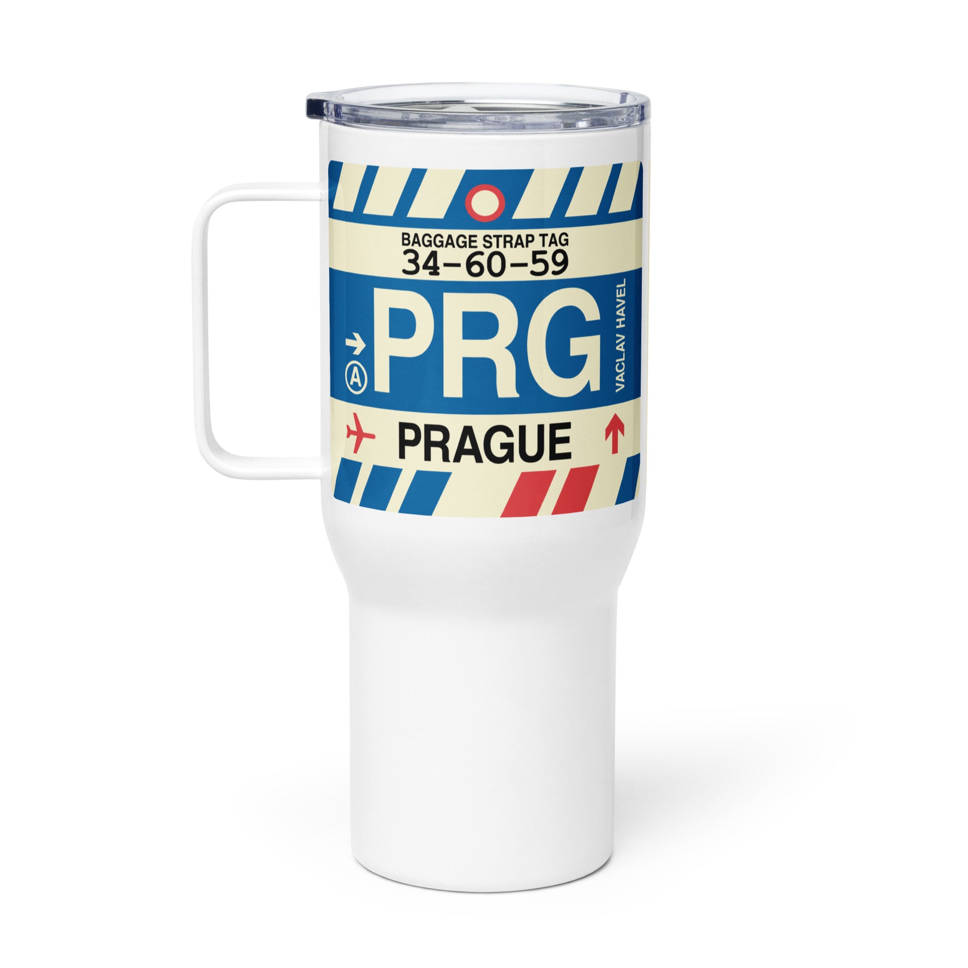 PRG Prague Travel Mug • Jet Age Baggage Tag Design • YHM Designs - Image 03