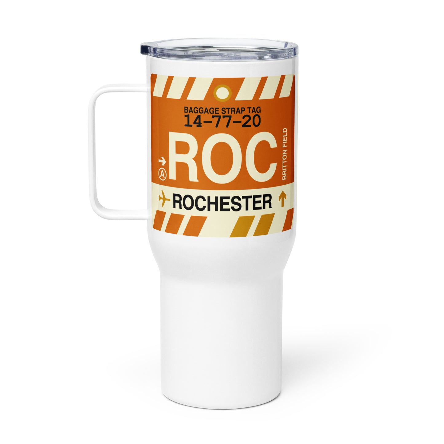 ROC Rochester Travel Mug • Jet Age Baggage Tag Design • YHM Designs - Image 03