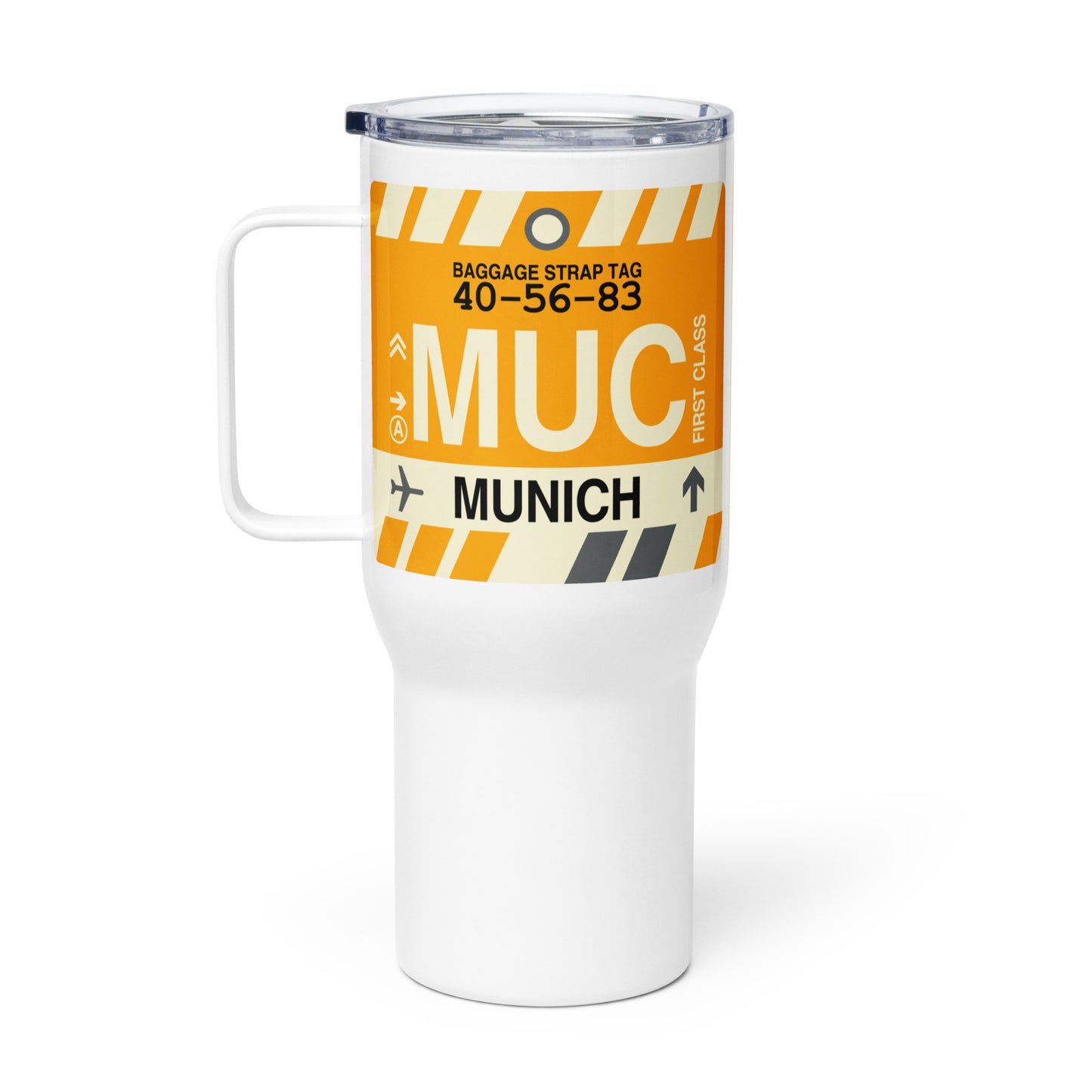 MUC Munich Travel Mug • Jet Age Baggage Tag Design • YHM Designs - Image 03