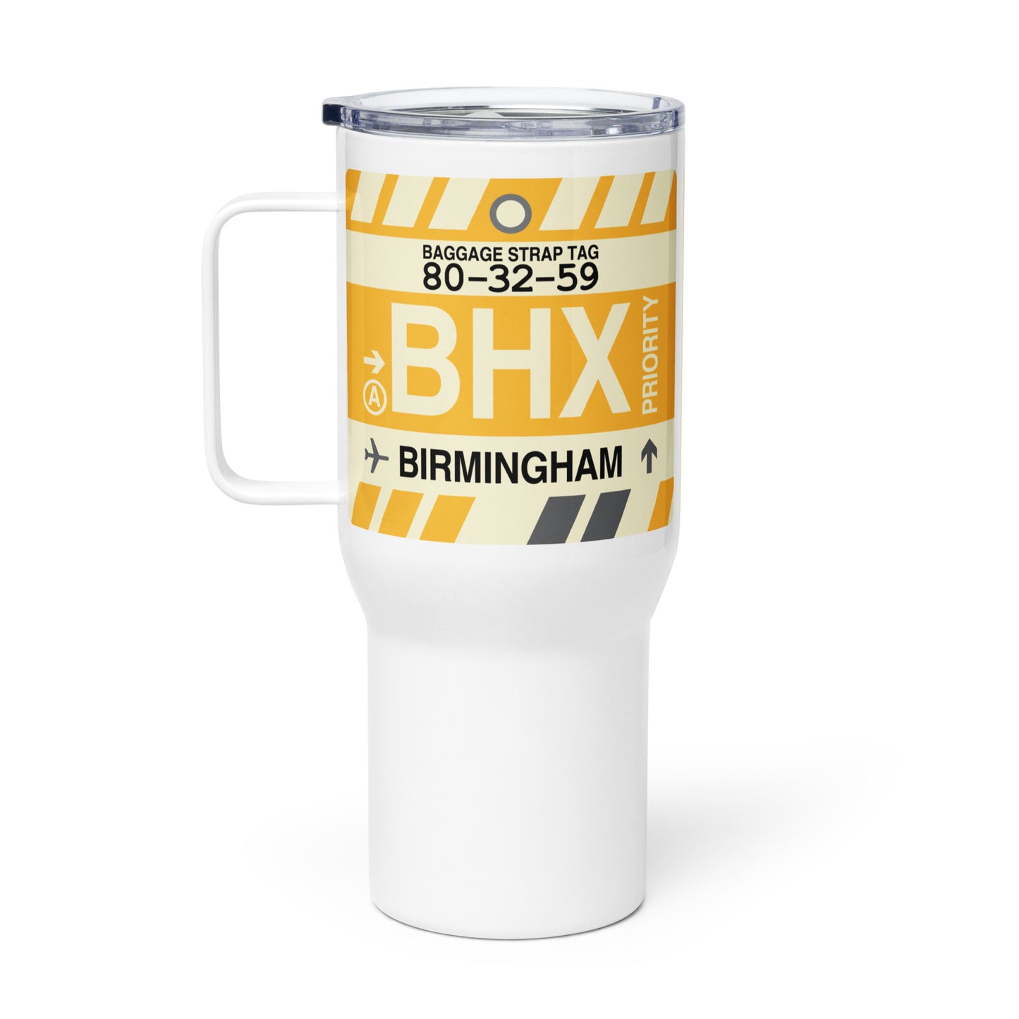 BHX Birmingham Travel Mug • Jet Age Baggage Tag Design • YHM Designs - Image 03