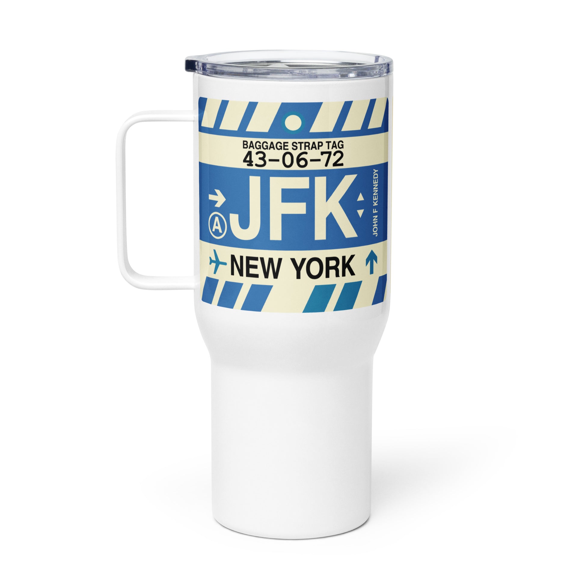 JFK New York City Travel Mug • Jet Age Baggage Tag Design • YHM Designs - Image 03