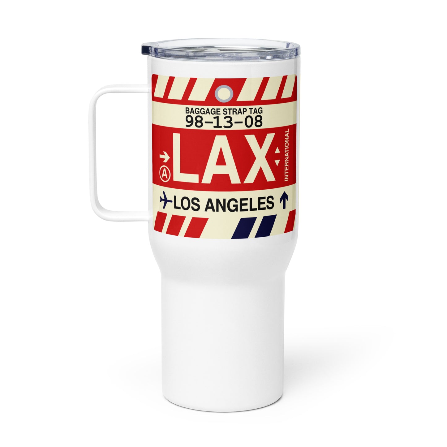 LAX Los Angeles Travel Mug • Jet Age Baggage Tag Design • YHM Designs - Image 03
