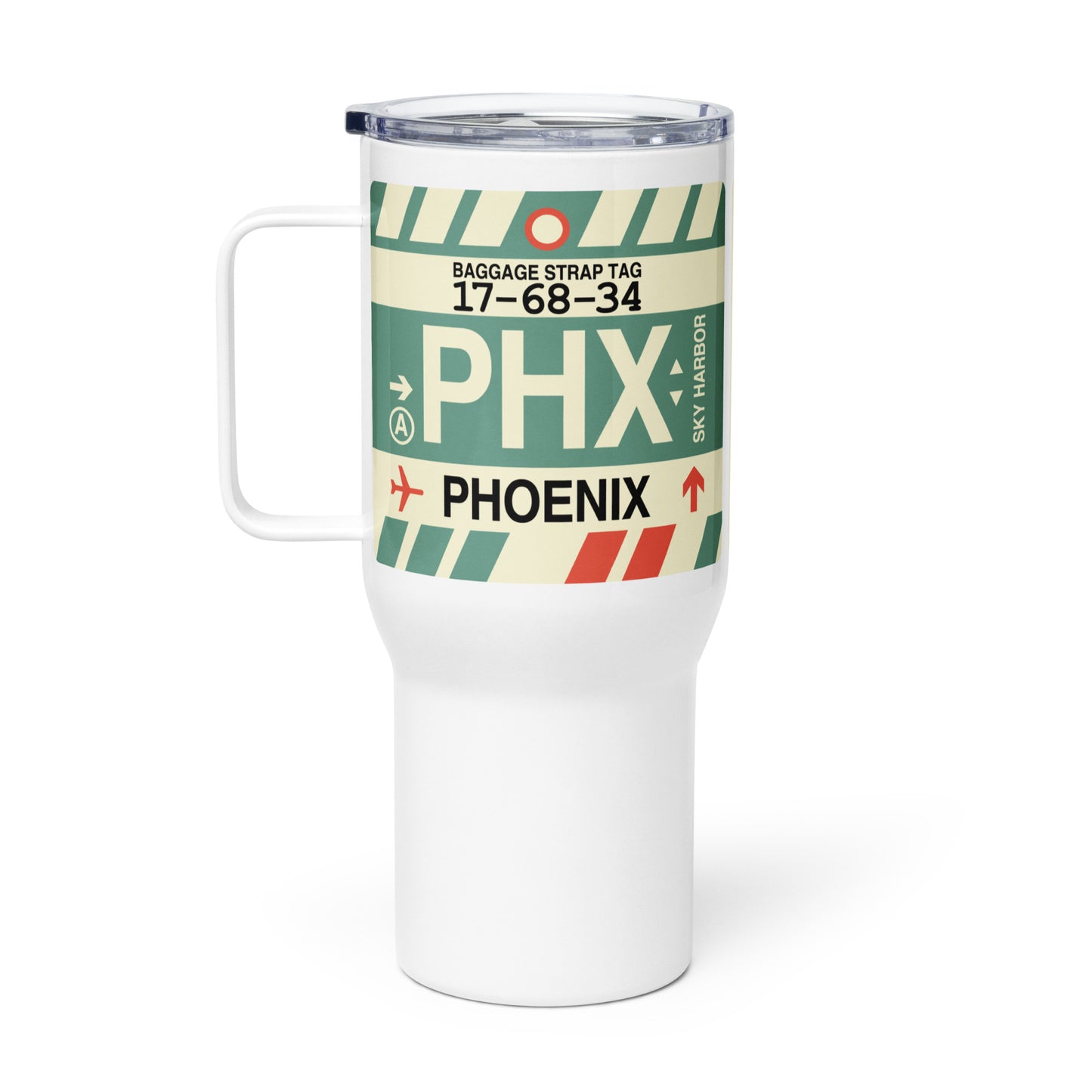 PHX Phoenix Travel Mug • Jet Age Baggage Tag Design • YHM Designs - Image 03