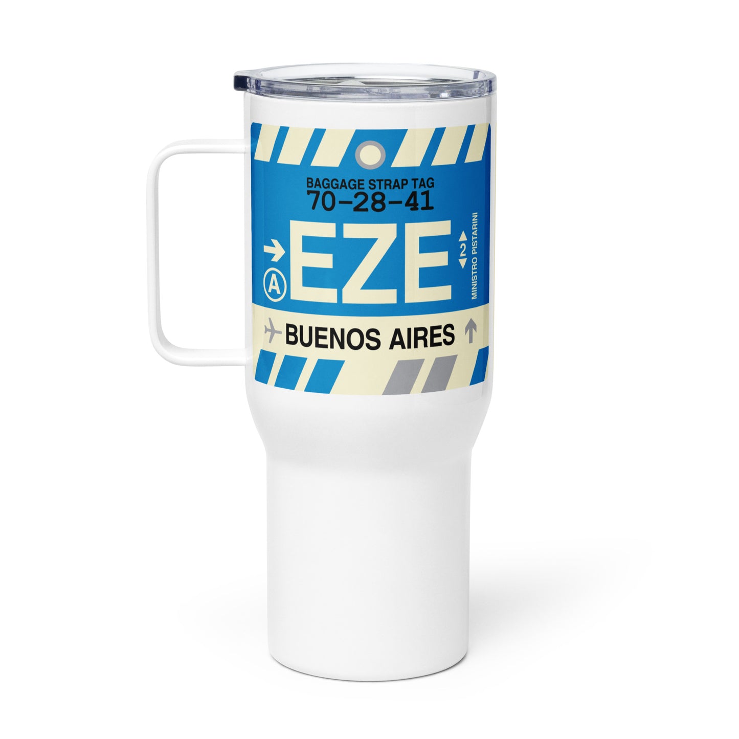 EZE Buenos Aires Travel Mug • Jet Age Baggage Tag Design • YHM Designs - Image 03