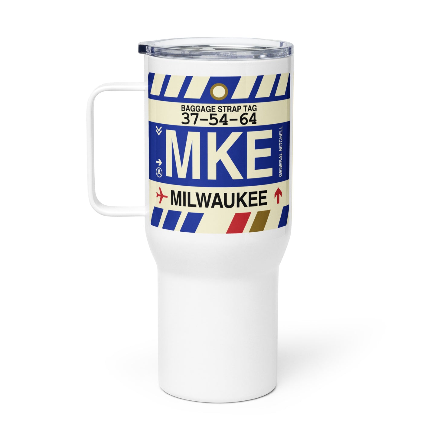 MKE Milwaukee Travel Mug • Jet Age Baggage Tag Design • YHM Designs - Image 03