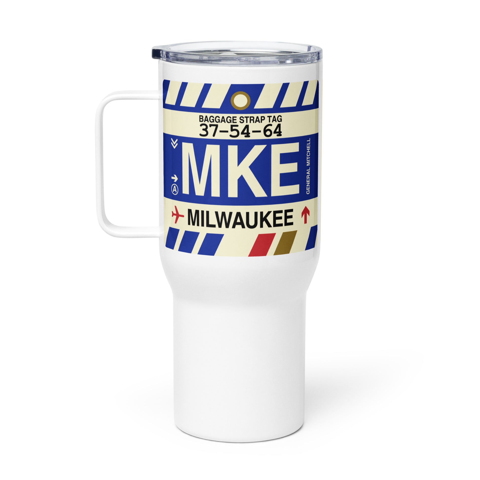 MKE Milwaukee Travel Mug • Jet Age Baggage Tag Design • YHM Designs - Image 03