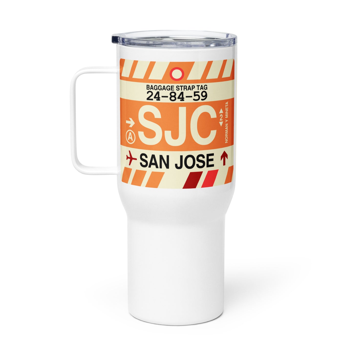 SJC San Jose Travel Mug • Jet Age Baggage Tag Design • YHM Designs - Image 03
