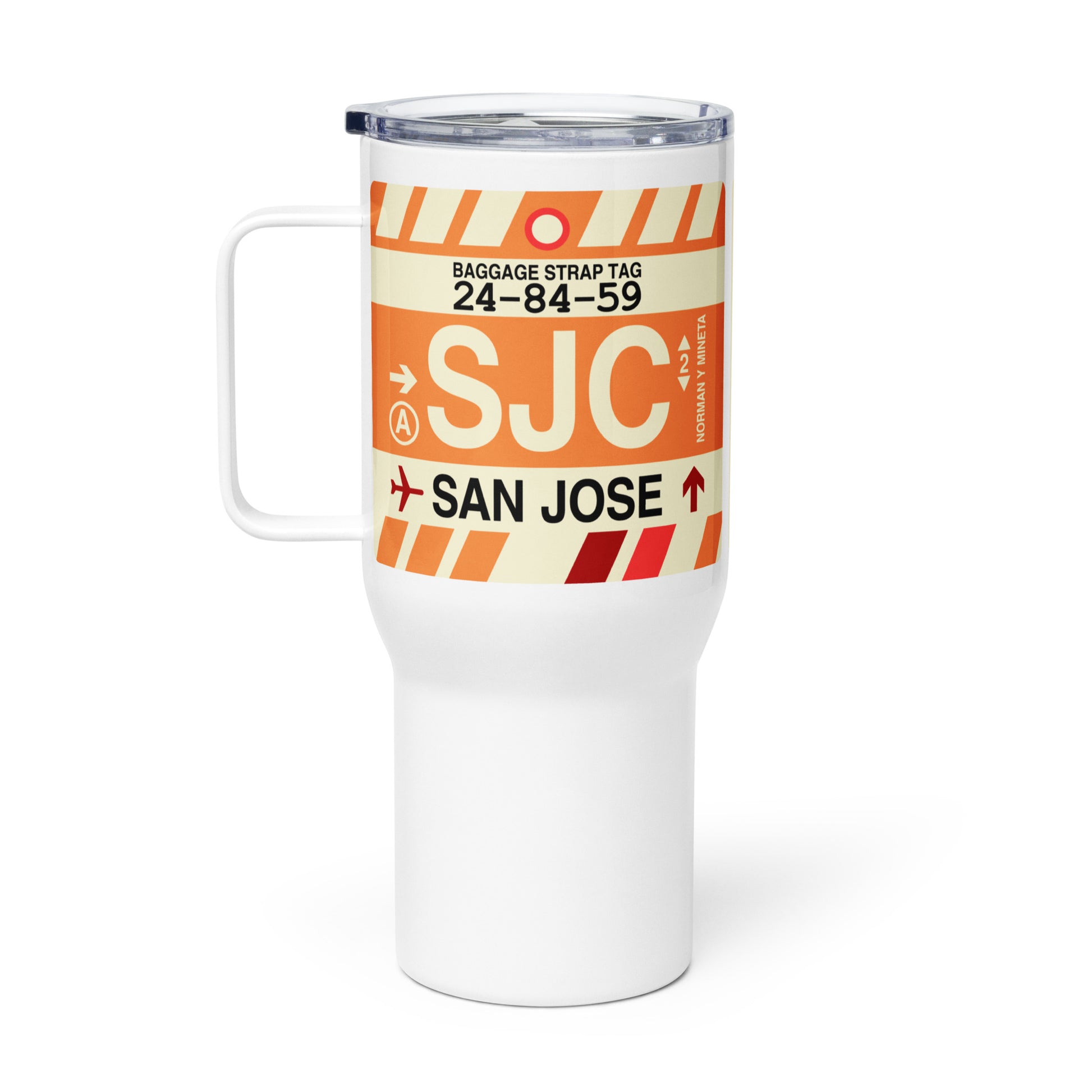 SJC San Jose Travel Mug • Jet Age Baggage Tag Design • YHM Designs - Image 03
