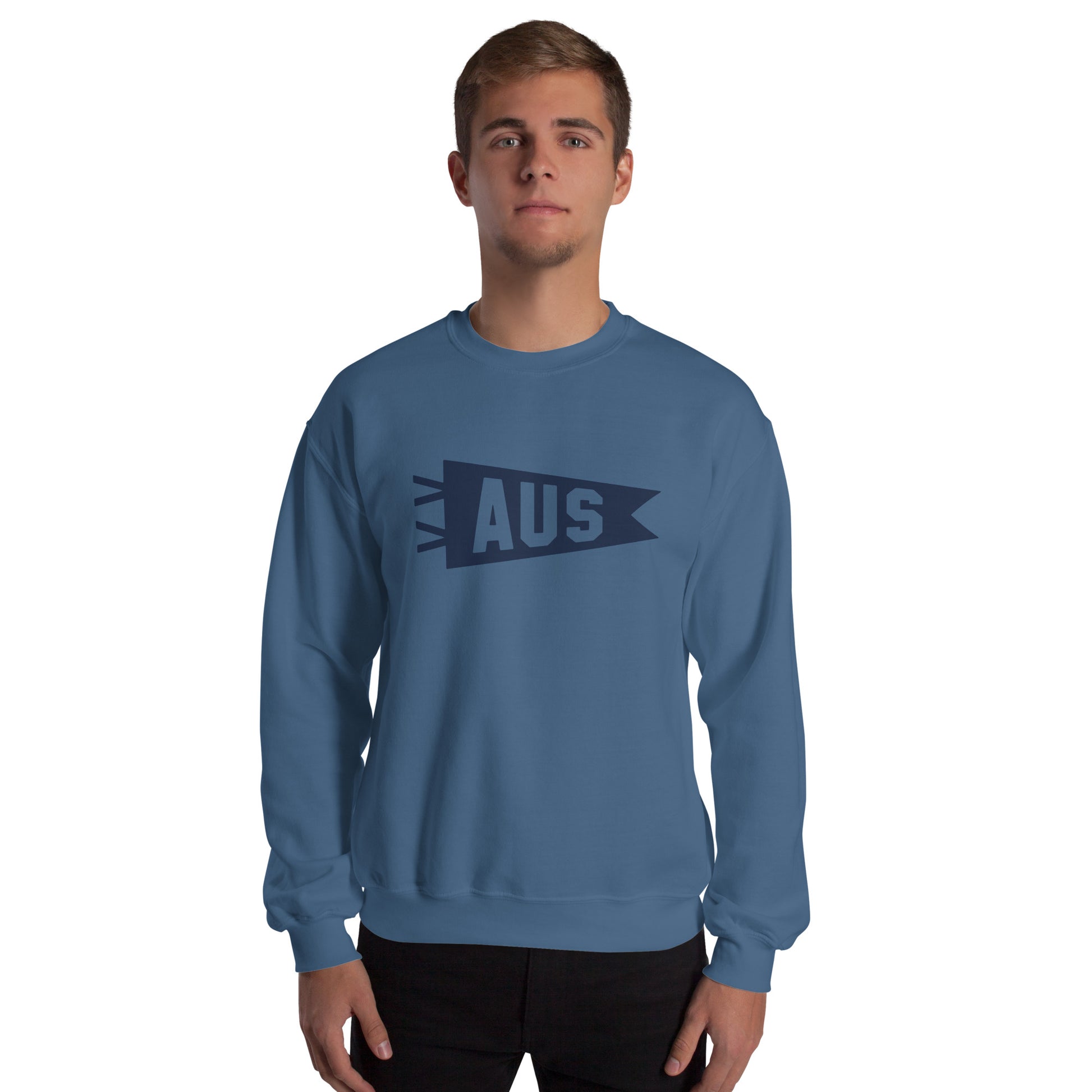 Airport Code Sweatshirt - Navy Blue Graphic • AUS Austin • YHM Designs - Image 06