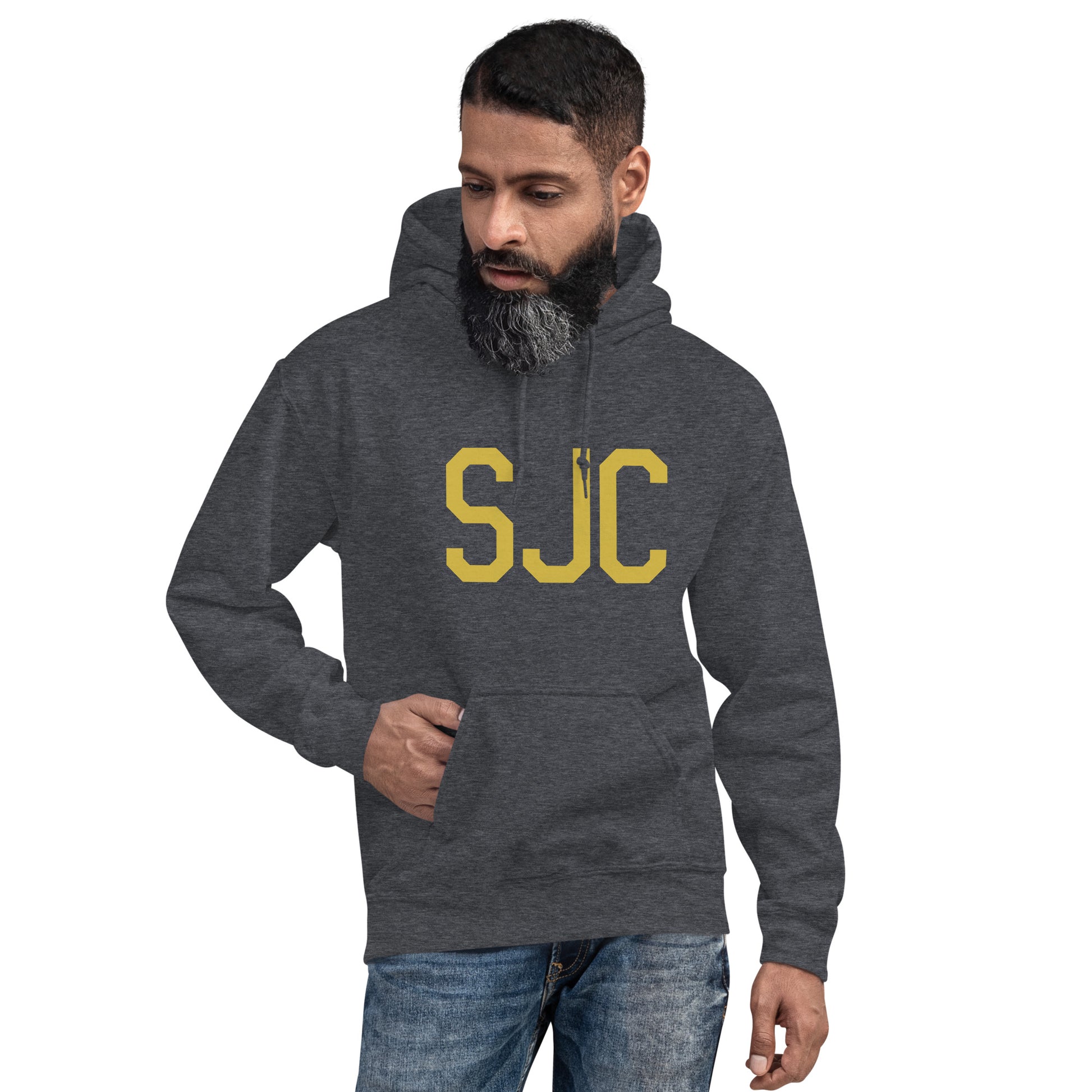SJC San Jose Unisex Hoodie • Air Force Lettering in Old Gold • YHM Designs - Image 05