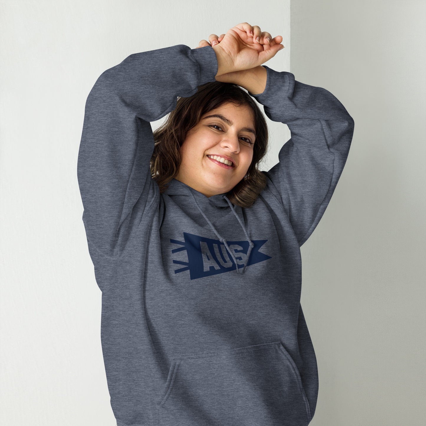 Airport Code Unisex Hoodie - Navy Blue Graphic • AUS Austin • YHM Designs - Image 04