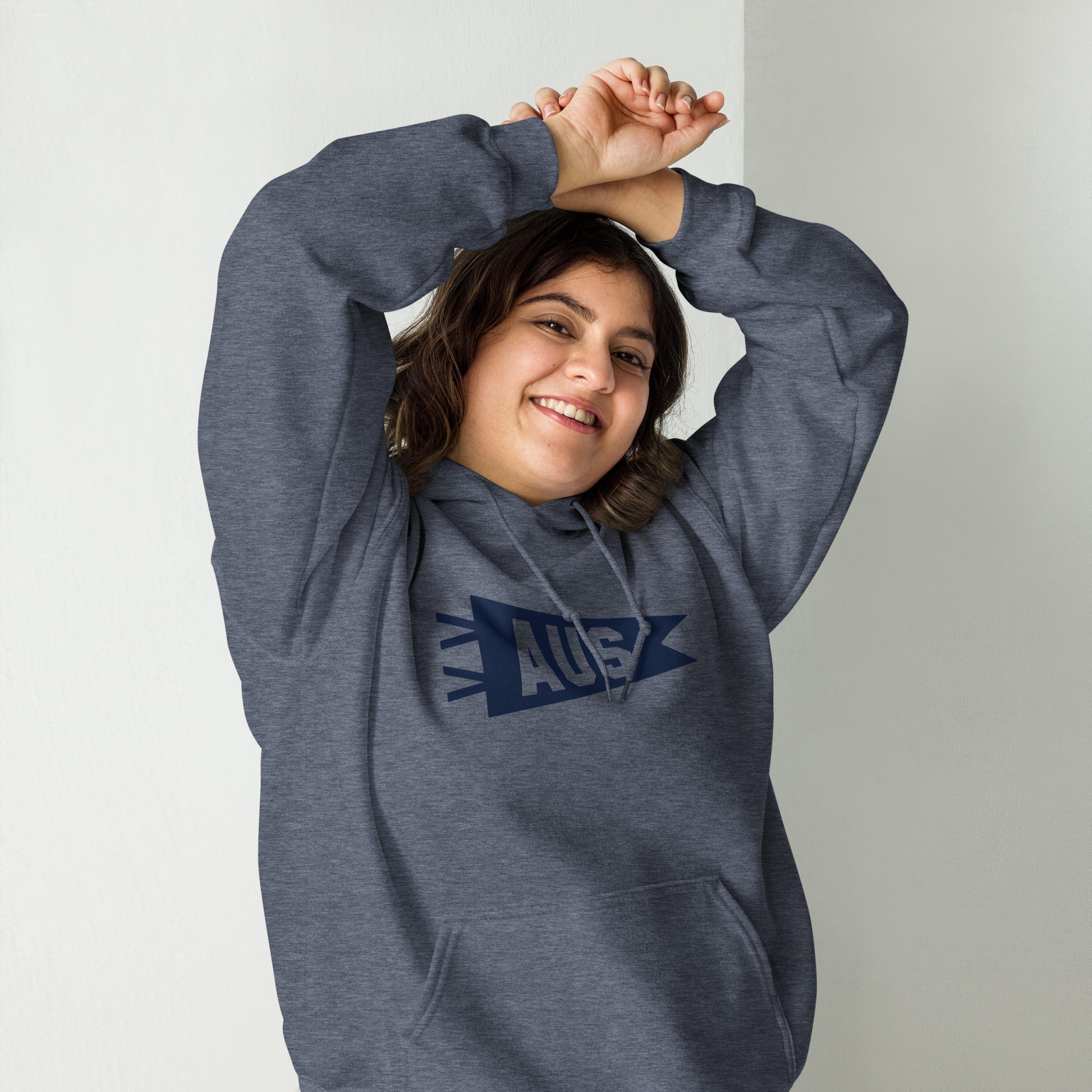 Airport Code Unisex Hoodie - Navy Blue Graphic • AUS Austin • YHM Designs - Image 04