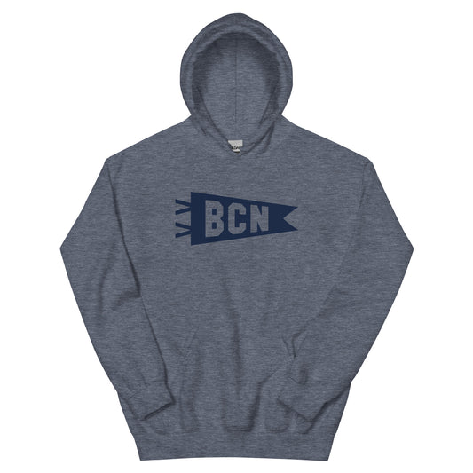 Airport Code Unisex Hoodie - Navy Blue Graphic • BCN Barcelona • YHM Designs - Image 01