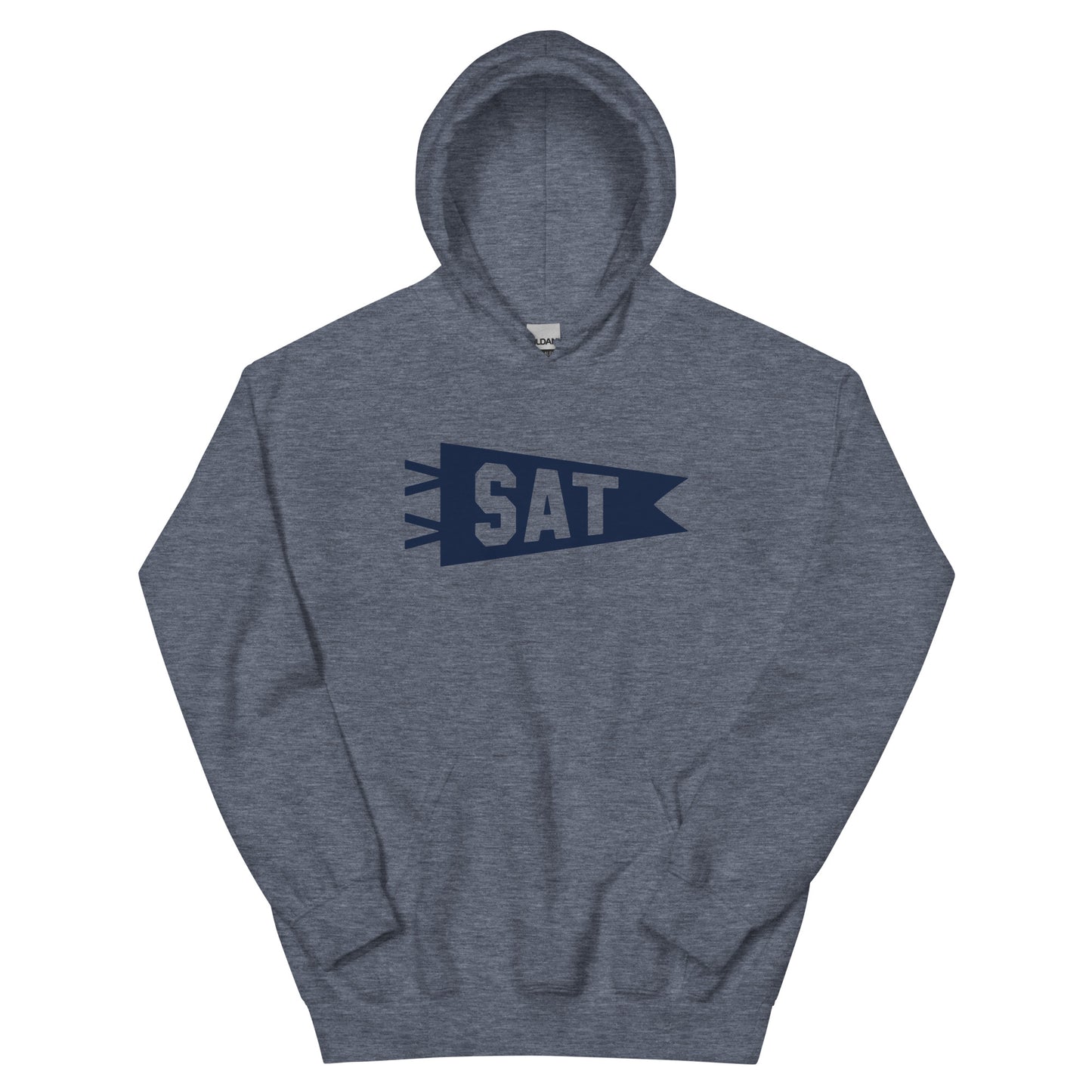 Airport Code Unisex Hoodie - Navy Blue Graphic • SAT San Antonio • YHM Designs - Image 01