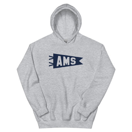 Airport Code Unisex Hoodie - Navy Blue Graphic • AMS Amsterdam • YHM Designs - Image 02