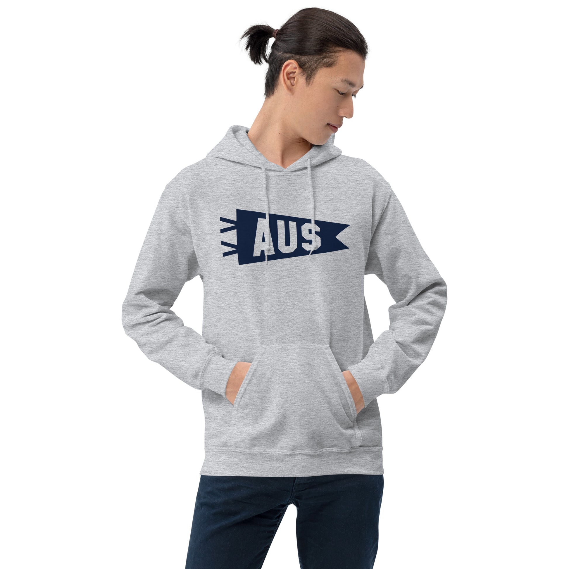 Airport Code Unisex Hoodie - Navy Blue Graphic • AUS Austin • YHM Designs - Image 07