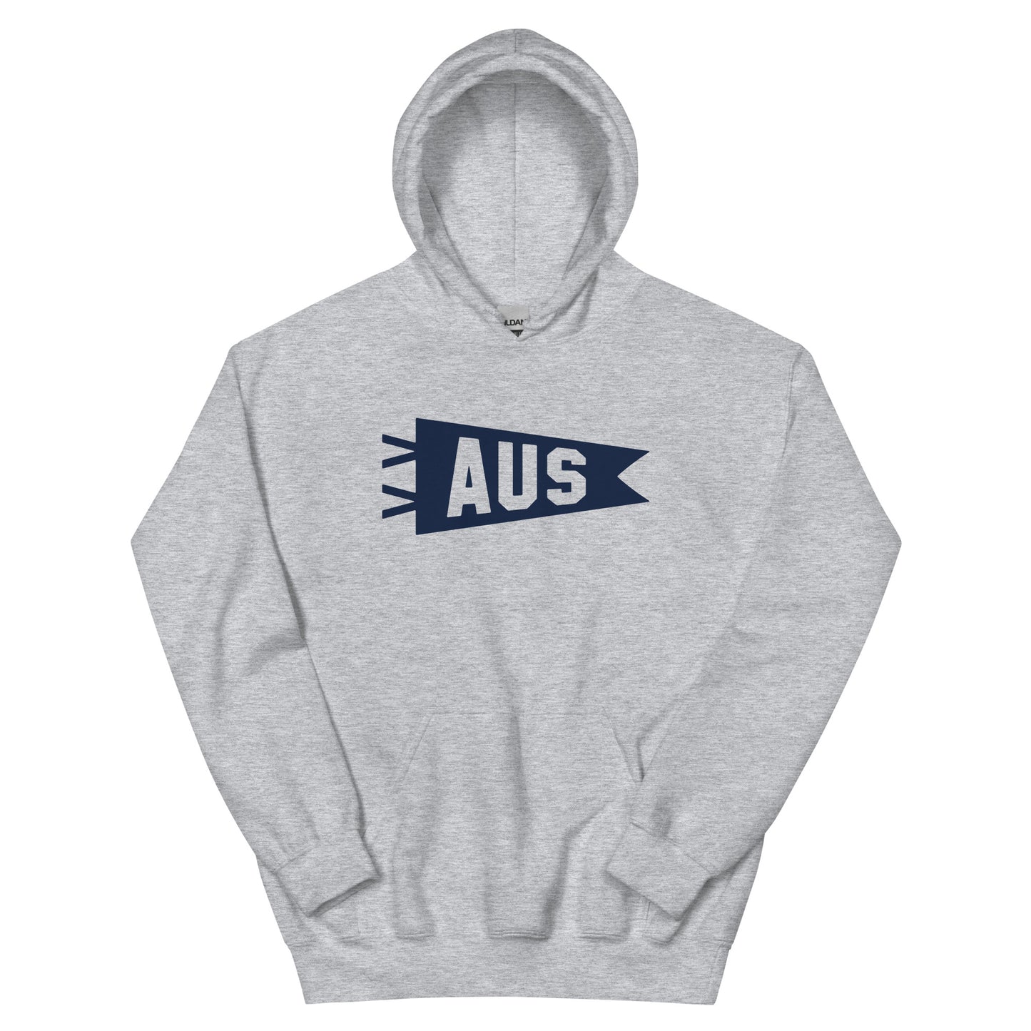 Airport Code Unisex Hoodie - Navy Blue Graphic • AUS Austin • YHM Designs - Image 02