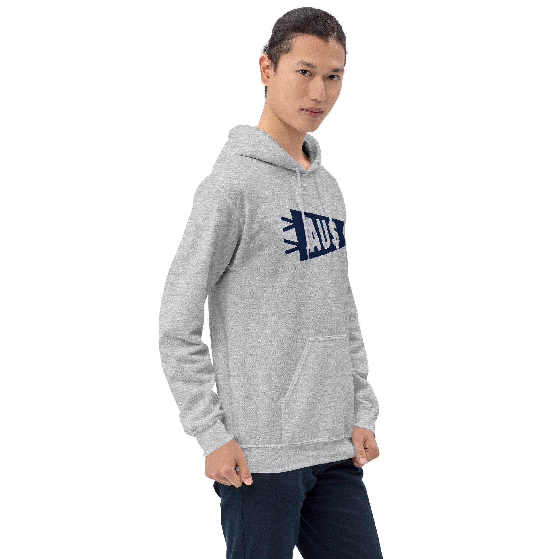 Airport Code Unisex Hoodie - Navy Blue Graphic • AUS Austin • YHM Designs - Image 09