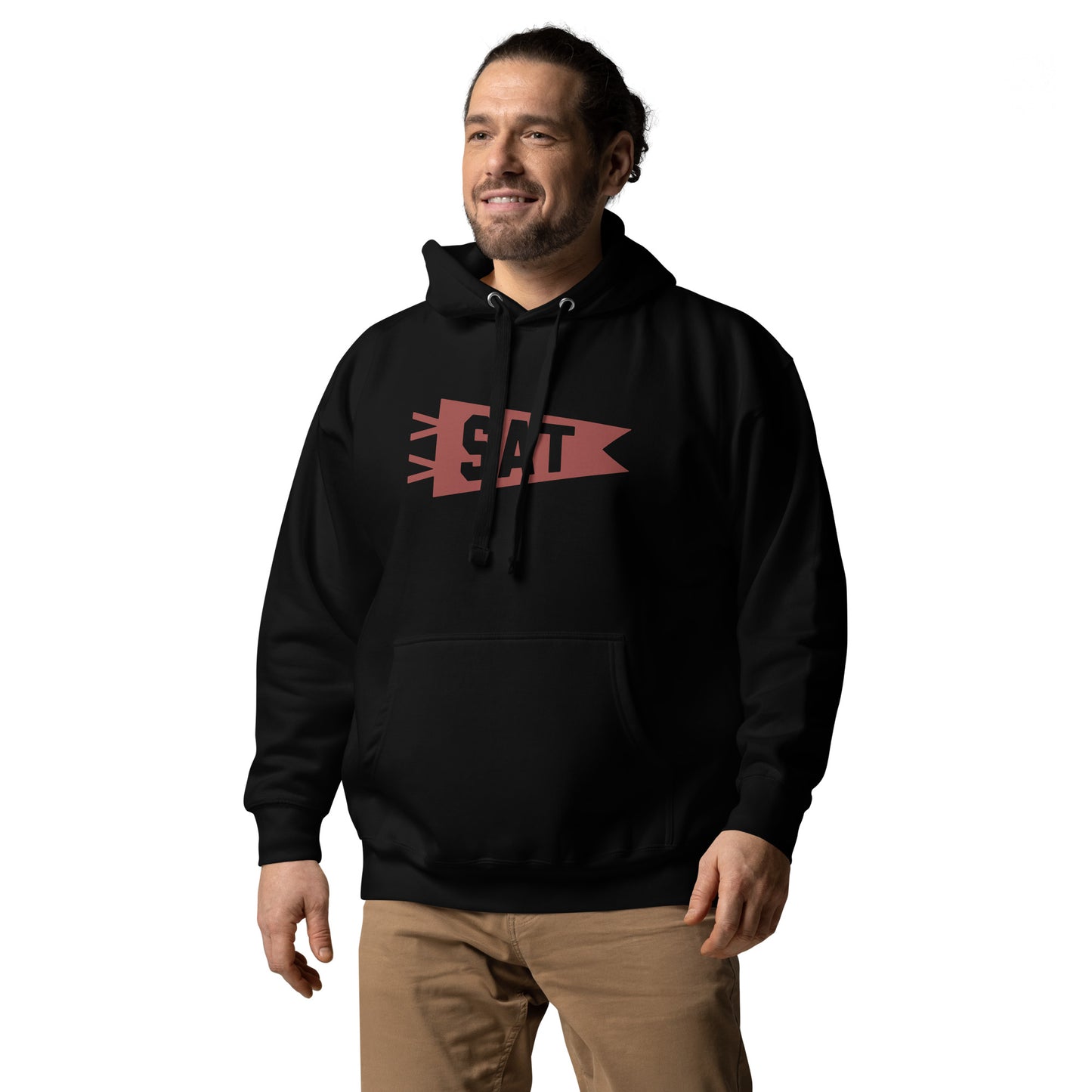 SAT San Antonio Premium Hoodie • Banner Design in Terracotta Red • YHM Designs - Image 02