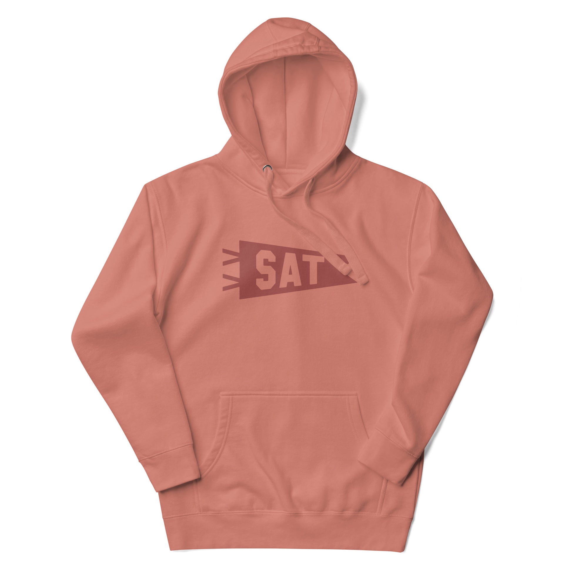 SAT San Antonio Premium Hoodie • Banner Design in Terracotta Red • YHM Designs - Image 01