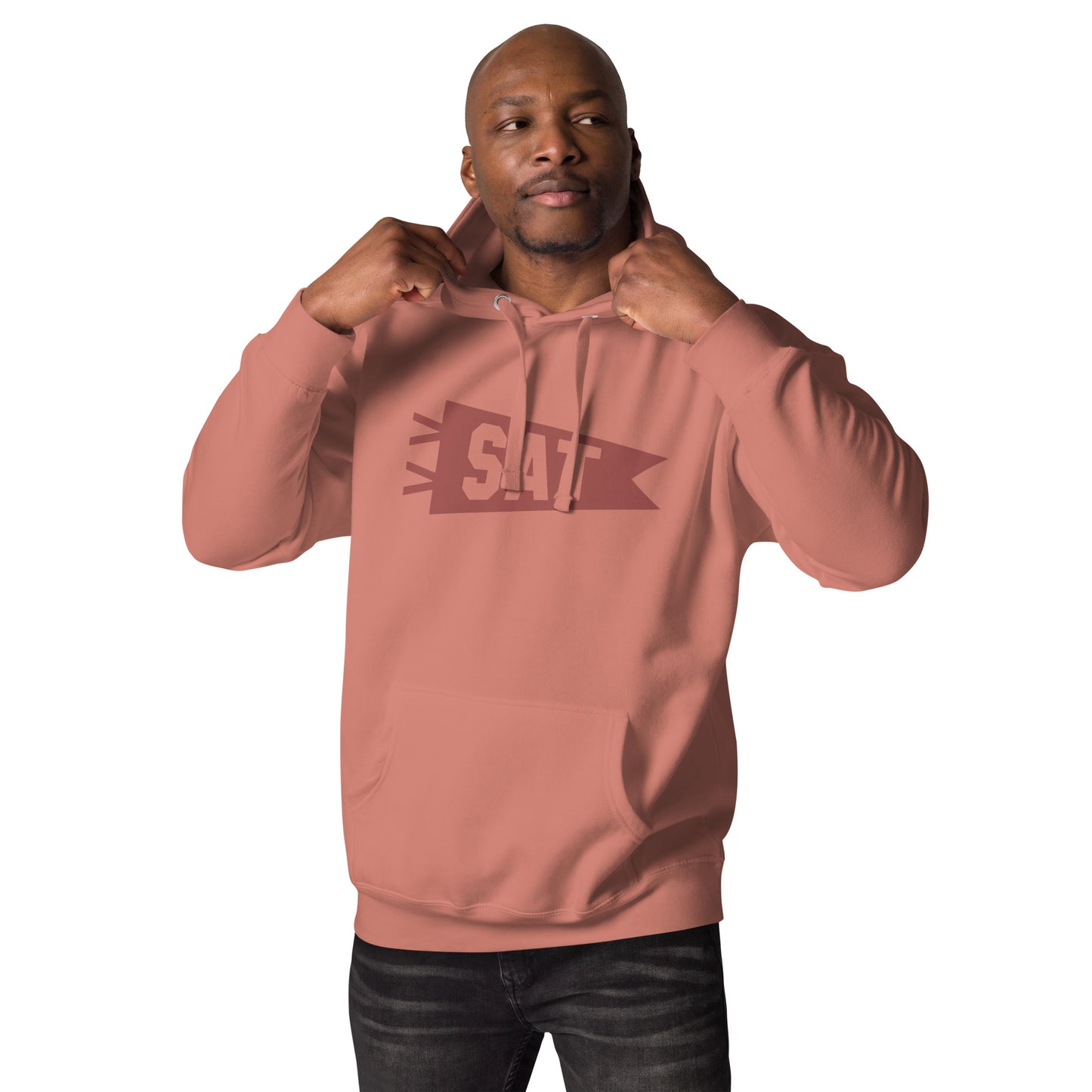 SAT San Antonio Premium Hoodie • Banner Design in Terracotta Red • YHM Designs - Image 04