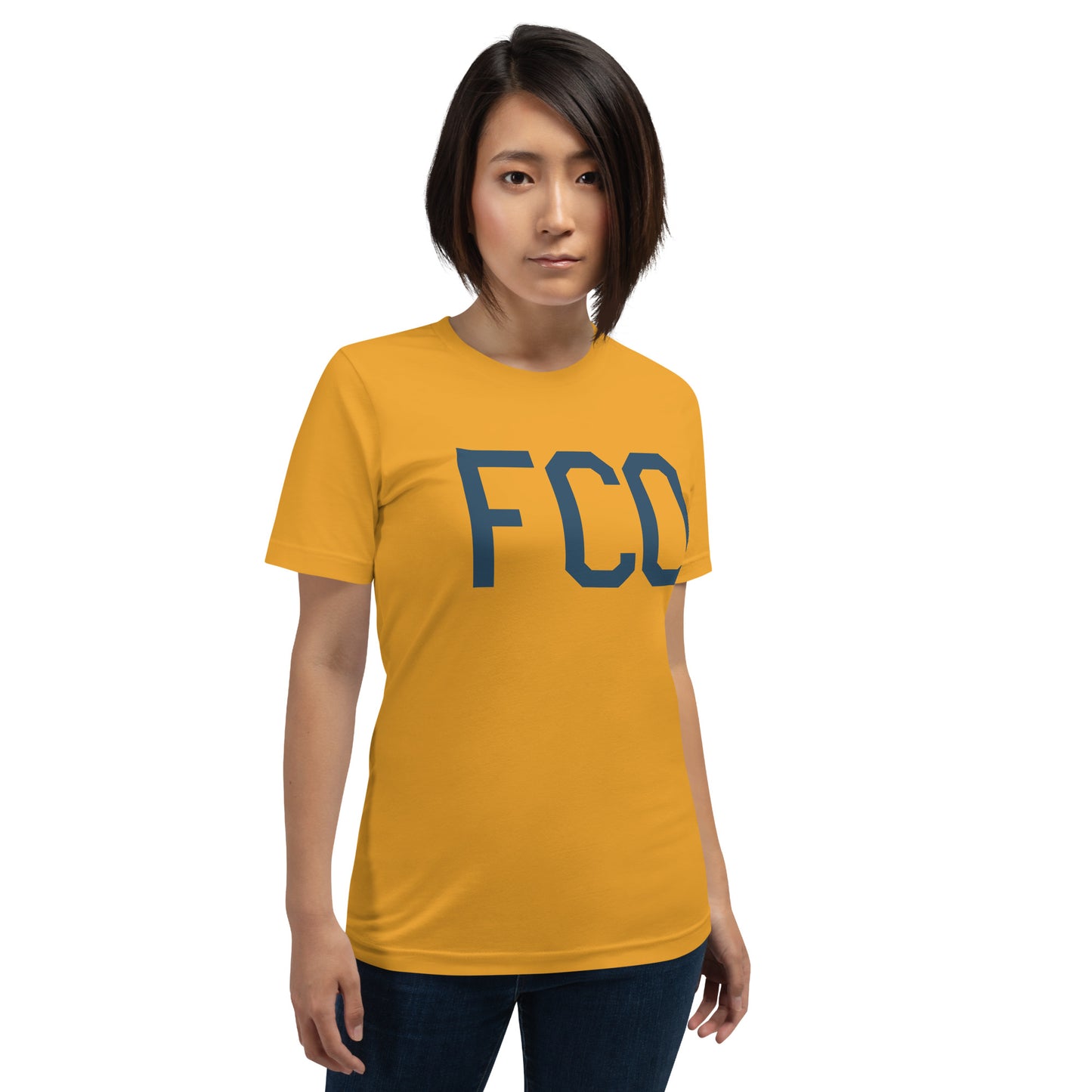 FCO Rome Unisex T-Shirt • Air Force Lettering in Arapawa Blue • YHM Designs - Image 07