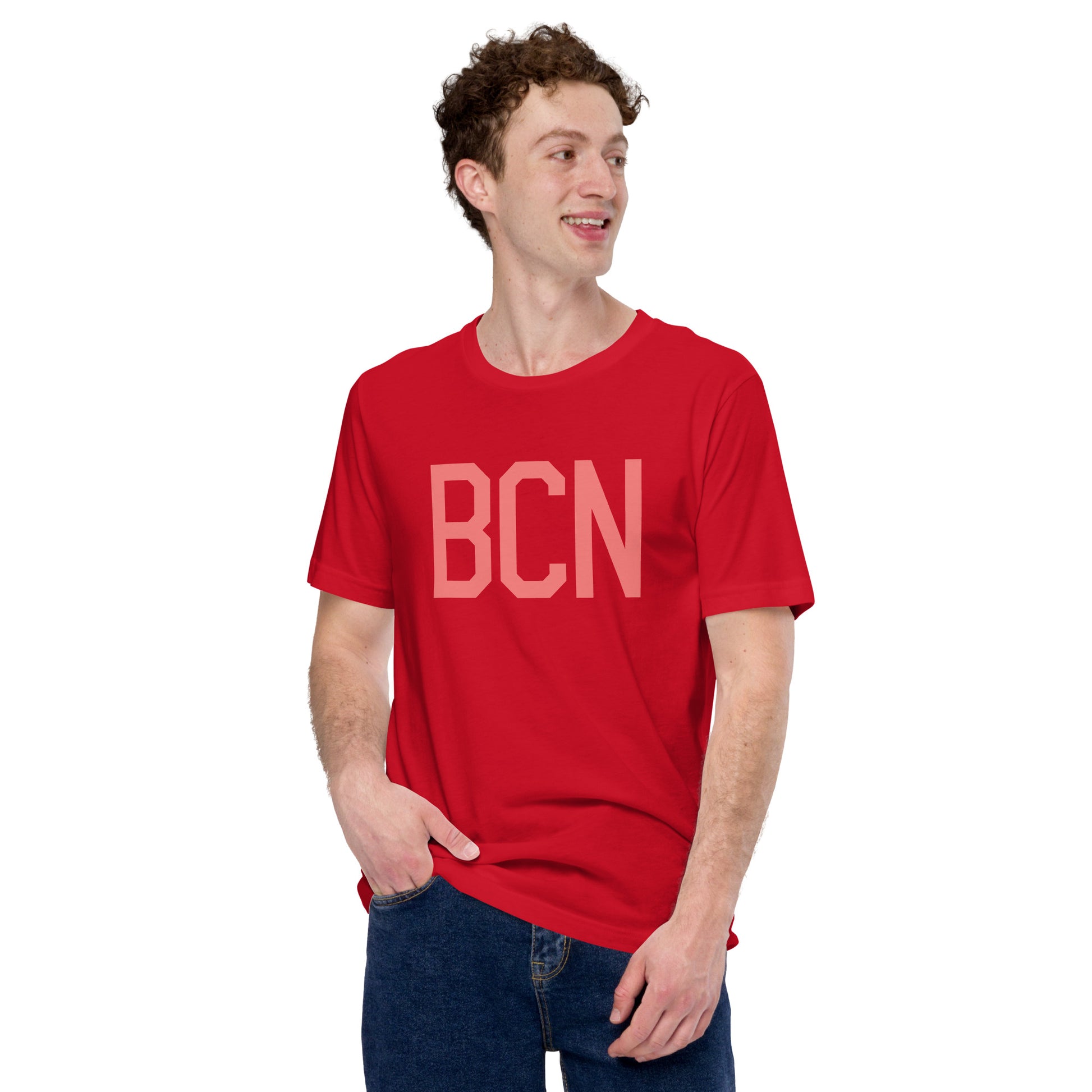 BCN Barcelona Unisex T-Shirt • Air Force Lettering in Salmon Pink • YHM Designs - Image 04