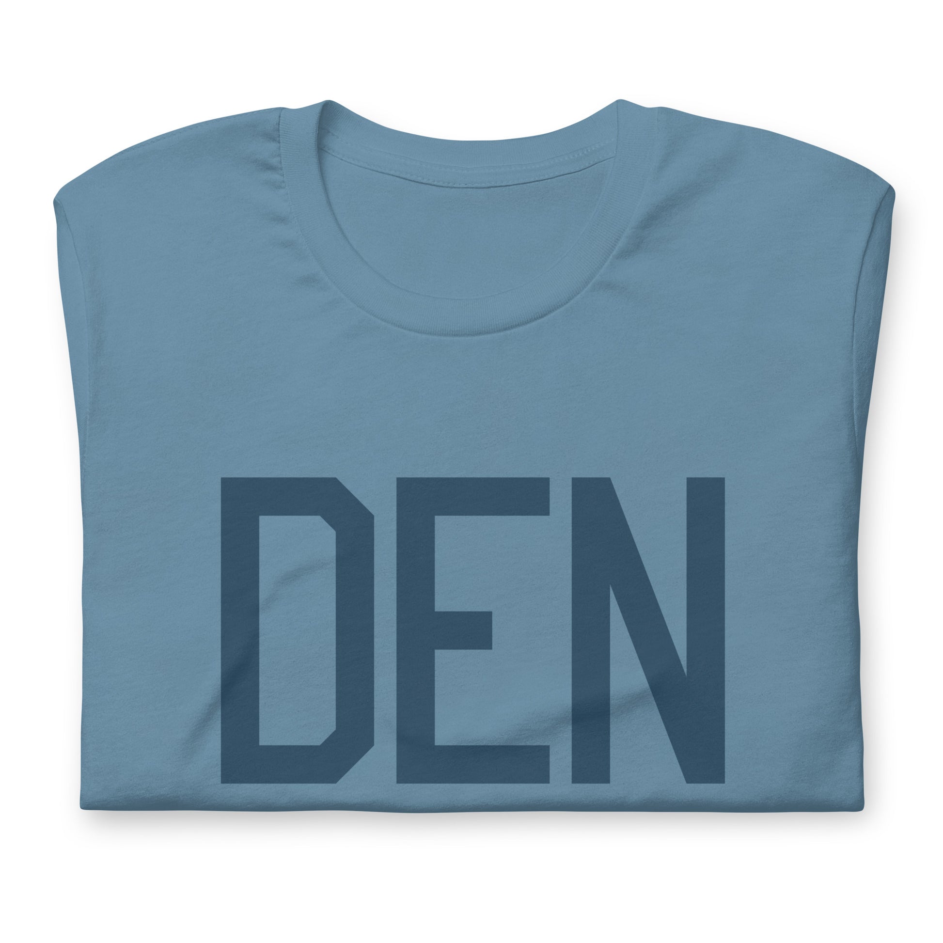DEN Denver Unisex T-Shirt • Air Force Lettering in Arapawa Blue • YHM Designs - Image 05