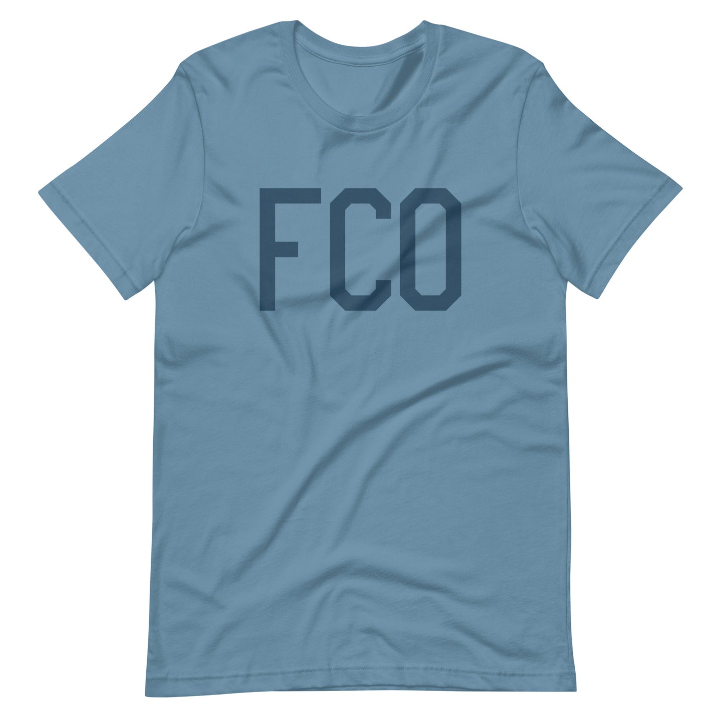 FCO Rome Unisex T-Shirt • Air Force Lettering in Arapawa Blue • YHM Designs - Image 01