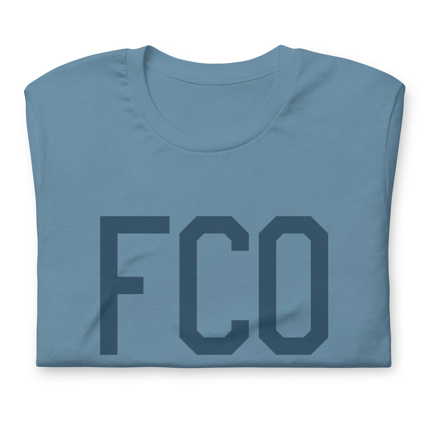 FCO Rome Unisex T-Shirt • Air Force Lettering in Arapawa Blue • YHM Designs - Image 05