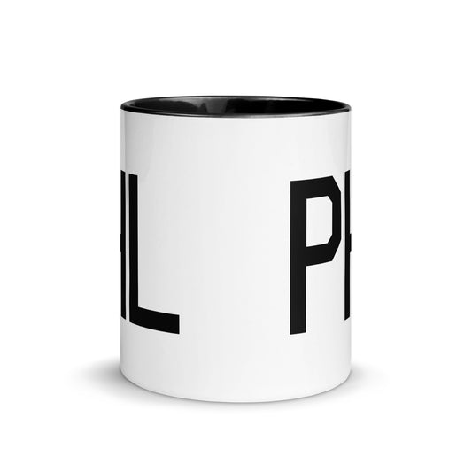 Airport Code Coffee Mug - Black • PHL Philadelphia • YHM Designs - Image 02