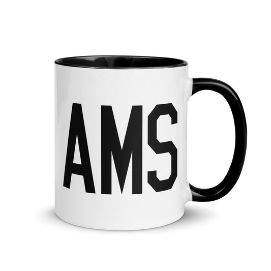 Airport Code Coffee Mug - Black • AMS Amsterdam • YHM Designs - Image 01