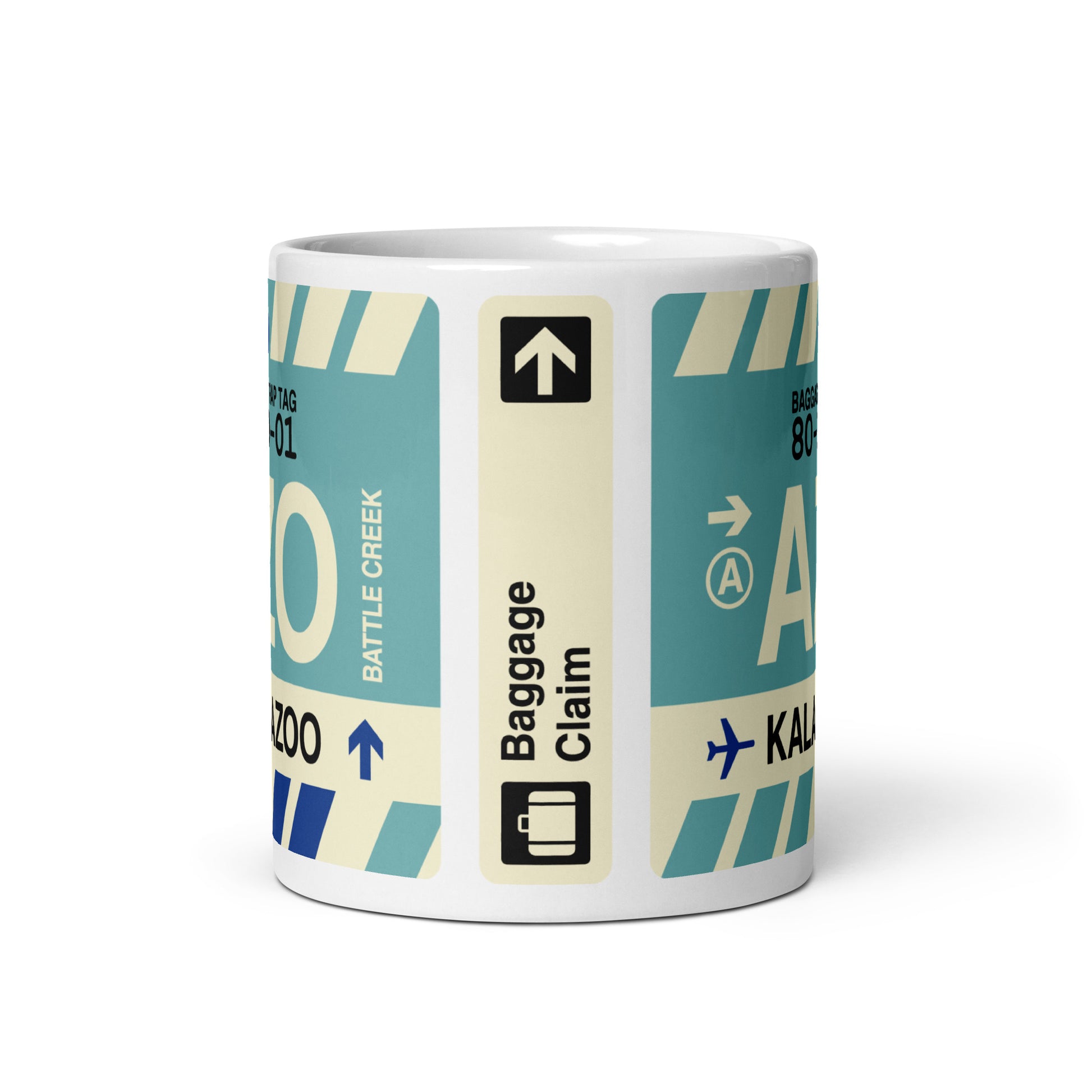 AZO Kalamazoo Coffee Mug • Jet Age Baggage Tag Design • YHM Designs - Image 03