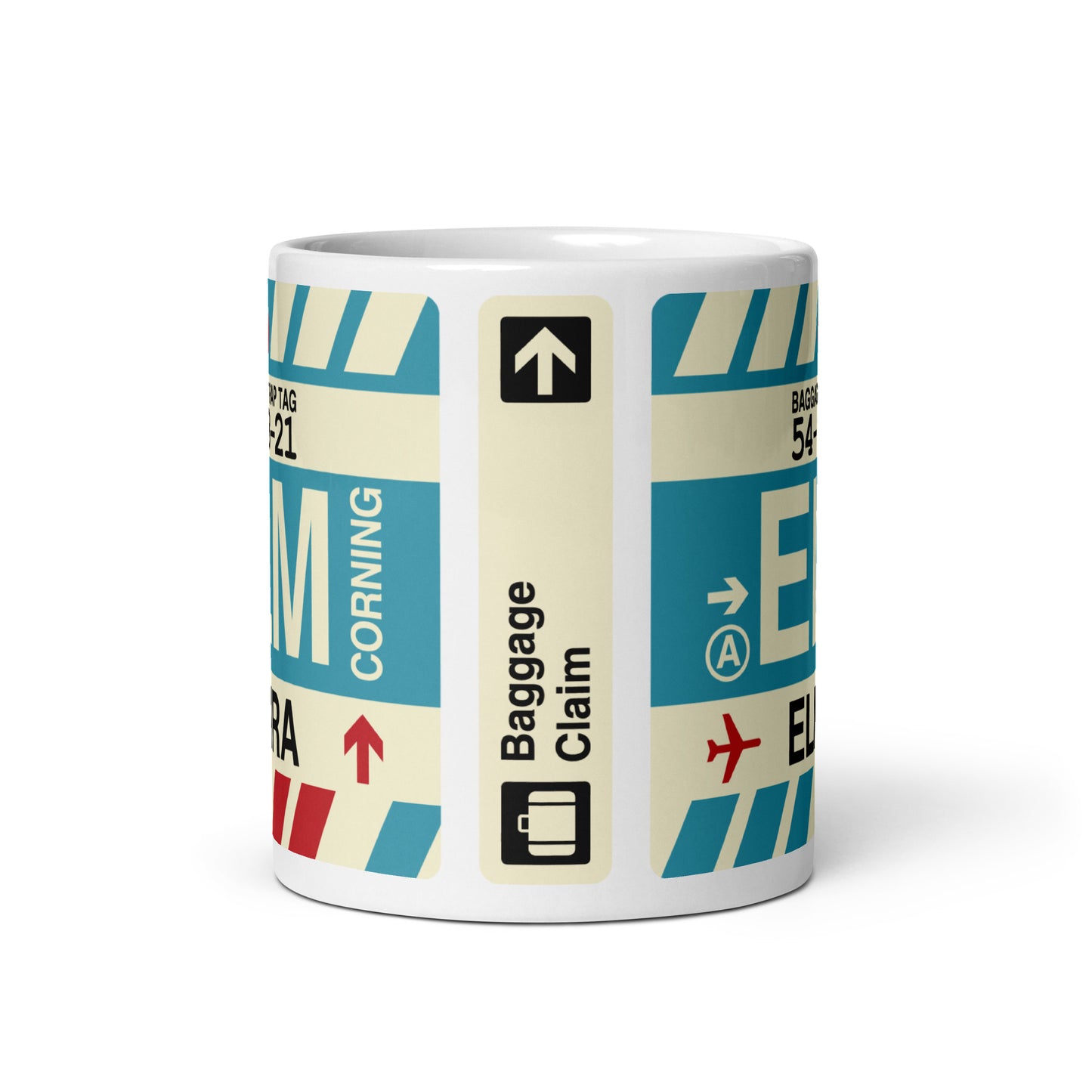ELM Elmira-Corning Coffee Mug • Jet Age Baggage Tag Design • YHM Designs - Image 03