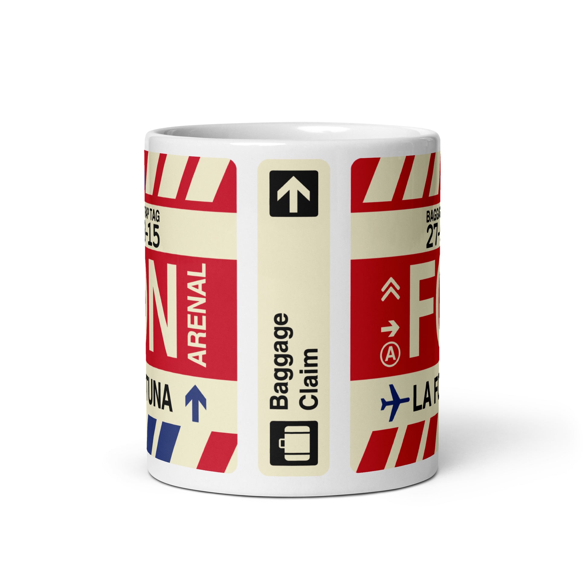 FON La Fortuna Coffee Mug • Jet Age Baggage Tag Design • YHM Designs - Image 03