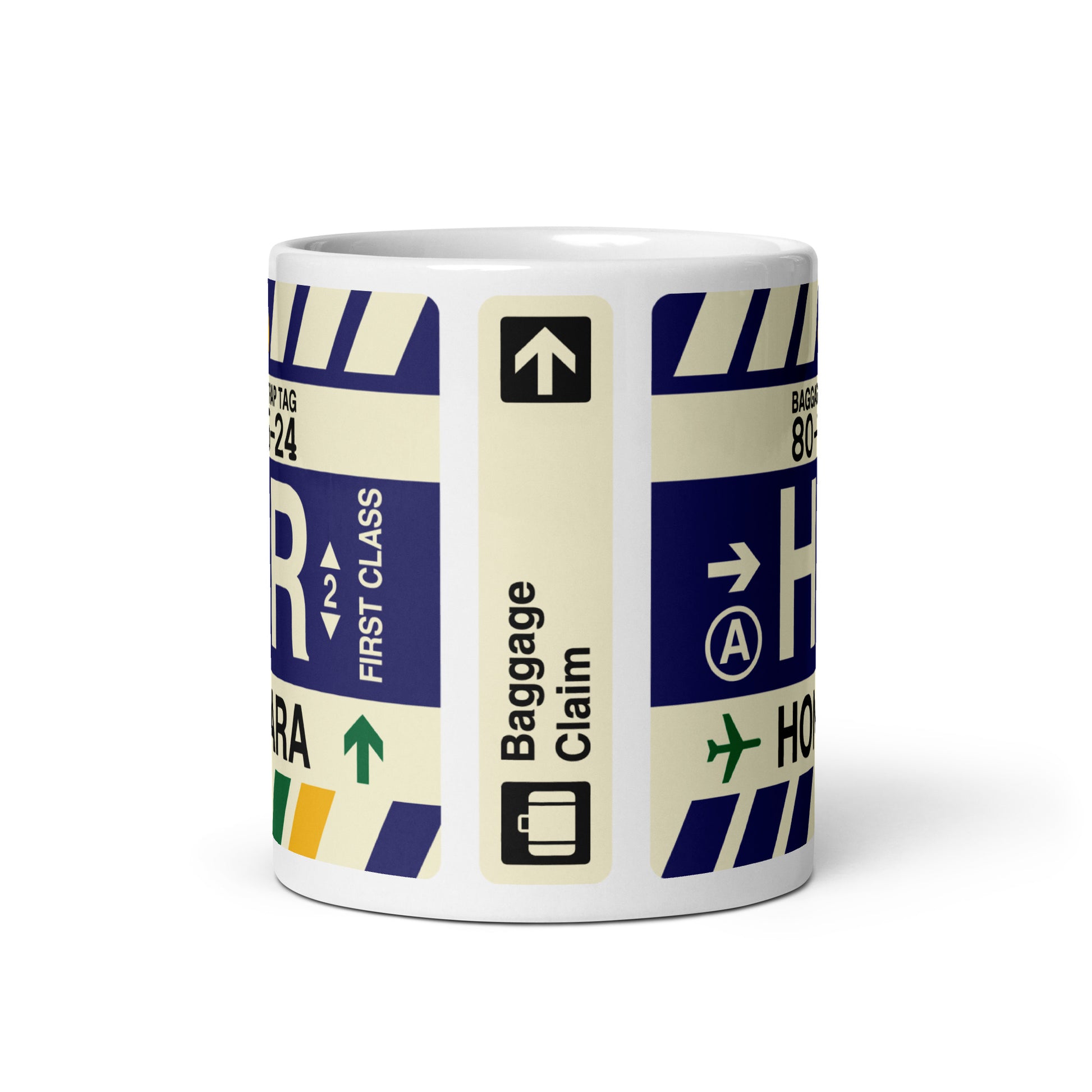 HIR Honiara Coffee Mug • Jet Age Baggage Tag Design • YHM Designs - Image 03