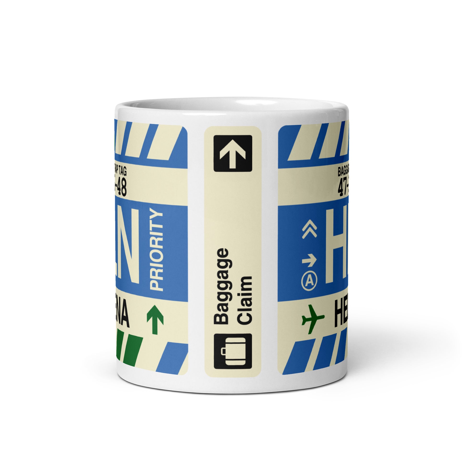 HLN Helena Coffee Mug • Jet Age Baggage Tag Design • YHM Designs - Image 03
