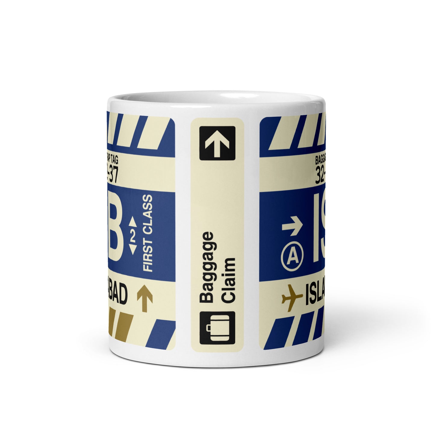 ISB Islamabad Coffee Mug • Jet Age Baggage Tag Design • YHM Designs - Image 03