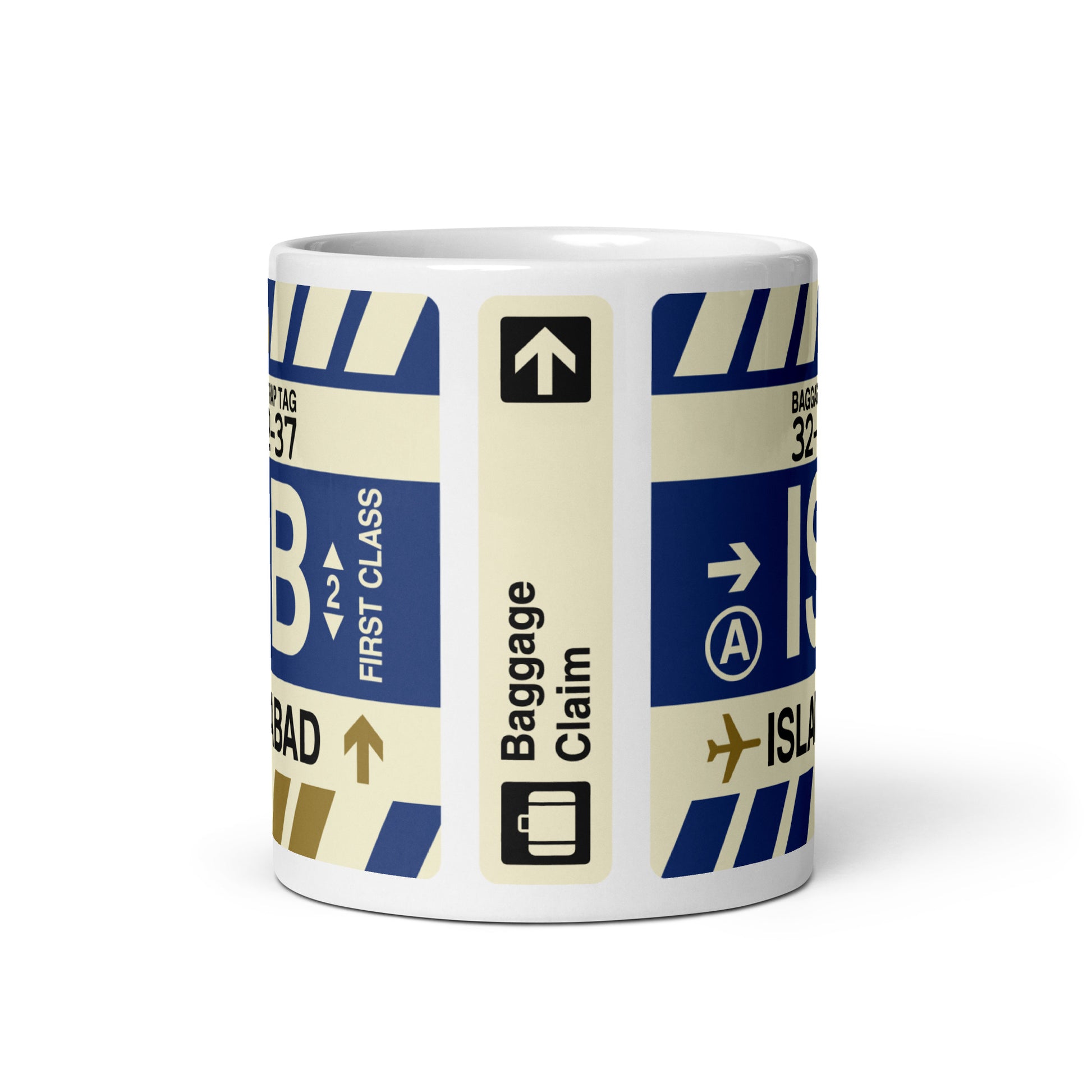 ISB Islamabad Coffee Mug • Jet Age Baggage Tag Design • YHM Designs - Image 03