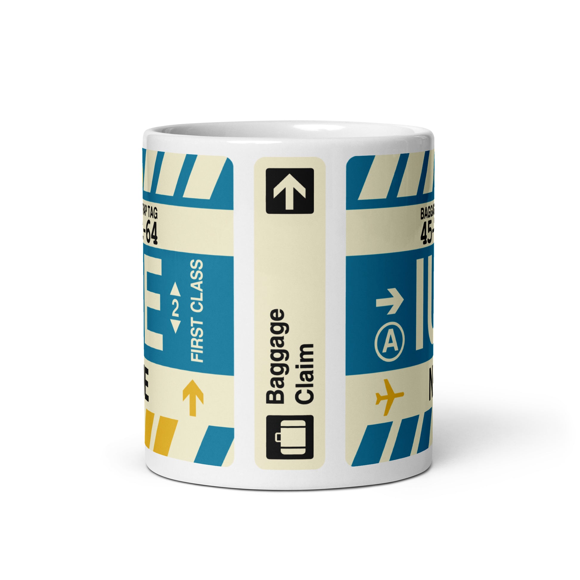 IUE Niue Coffee Mug • Jet Age Baggage Tag Design • YHM Designs - Image 03